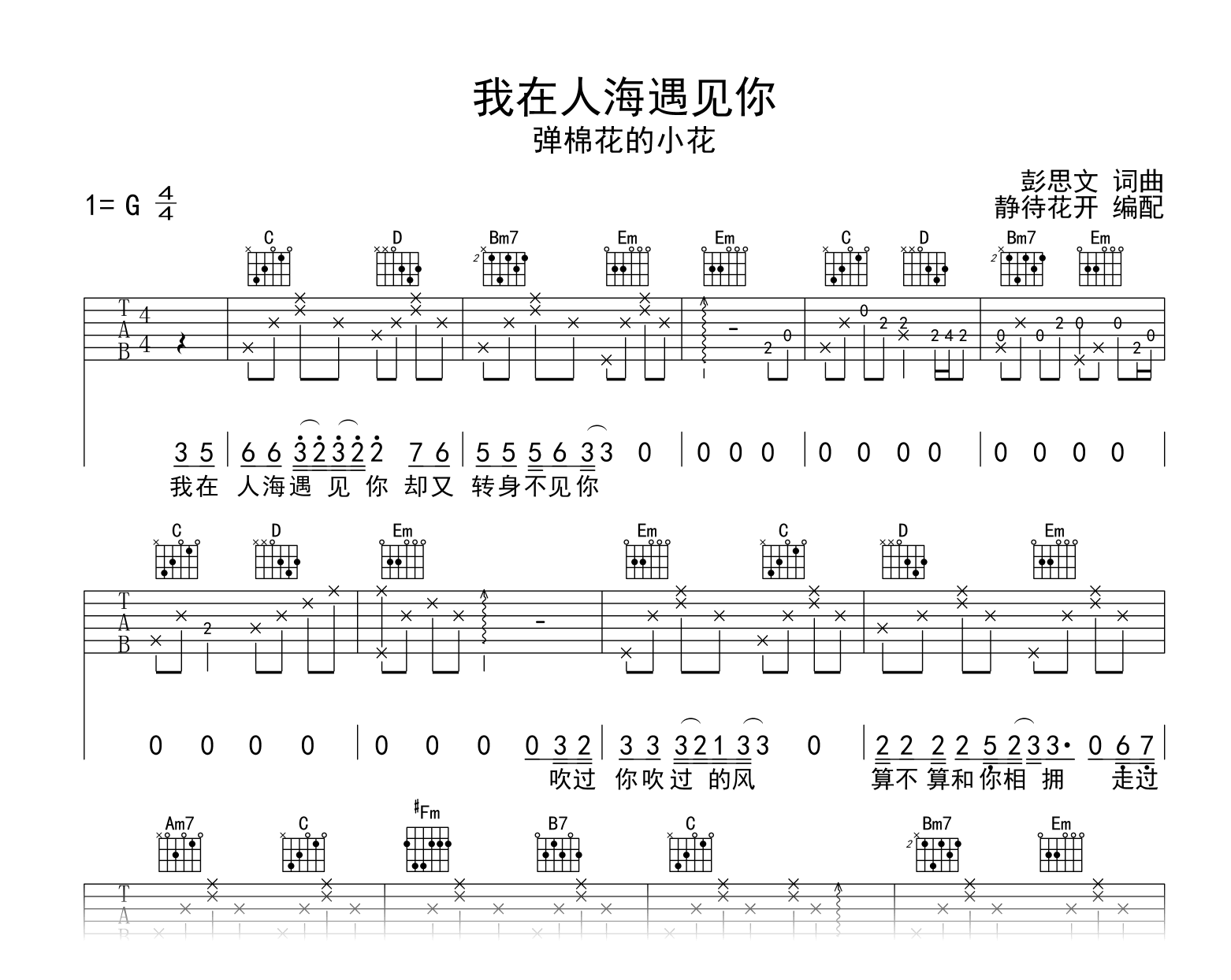 我在人海遇见你吉他谱-弹棉花的小花-G调-吉他帮