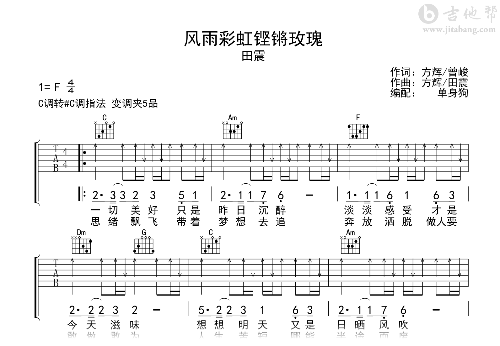 风雨彩虹铿锵玫瑰吉他谱-田震-吉他帮
