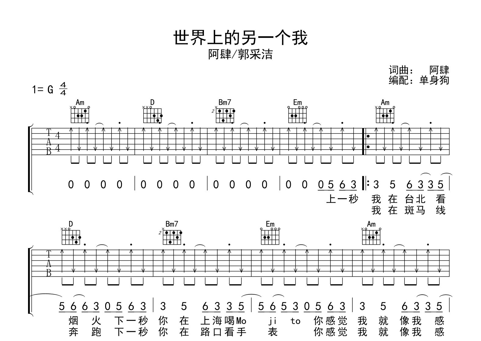 世界上的另一个我吉他谱-阿肆/郭采洁-吉他帮