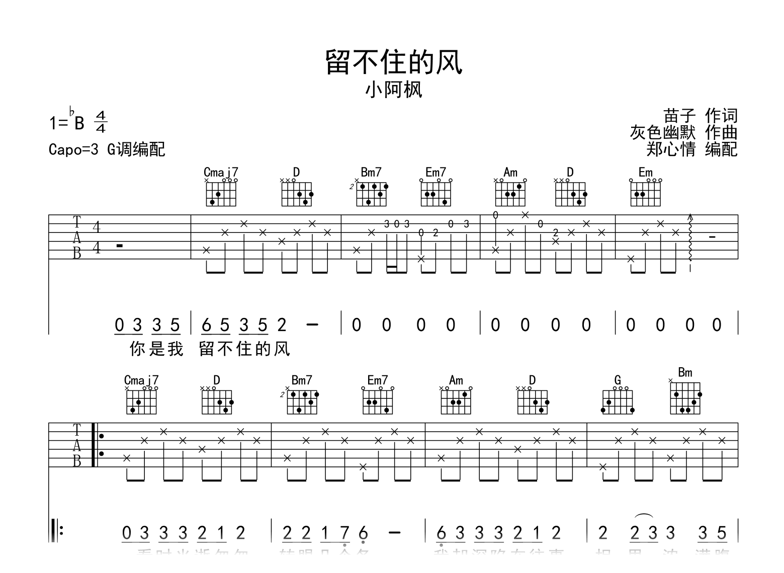 留不住的风吉他谱-小阿枫-G调-吉他帮