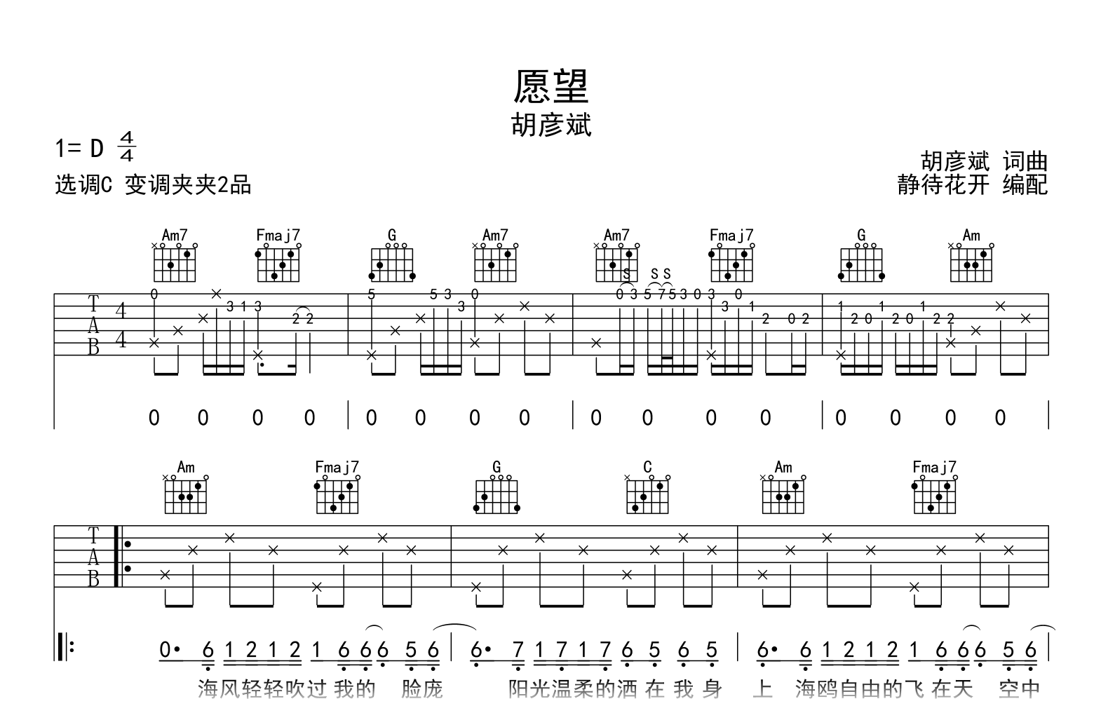 愿望吉他谱-胡彦斌-C调-吉他帮