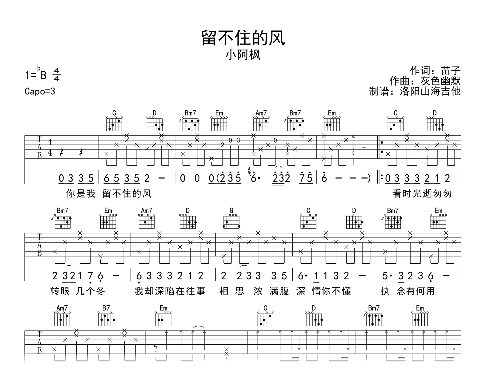 小阿枫《留不住的风》吉他谱-G调-吉他帮