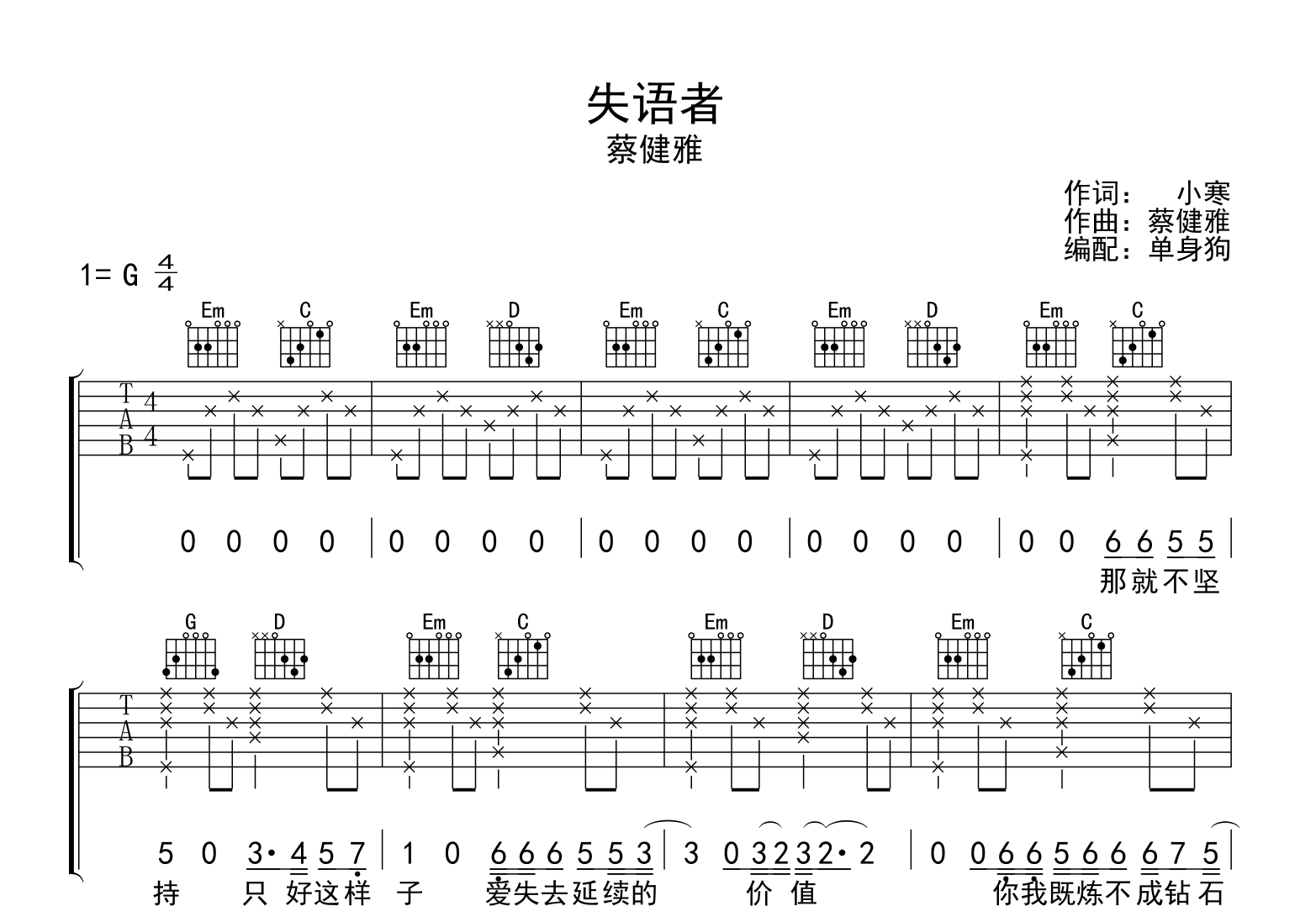 失语者吉他谱-蔡健雅-C调-吉他帮