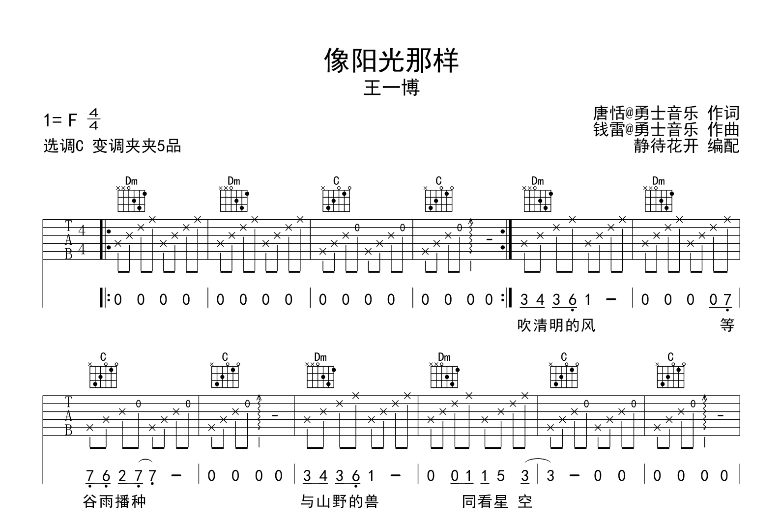 像阳光那样吉他谱-王一博-C调-吉他帮