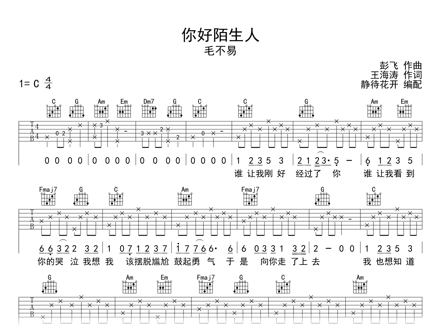 你好陌生人吉他谱-毛不易-C调-吉他帮-1