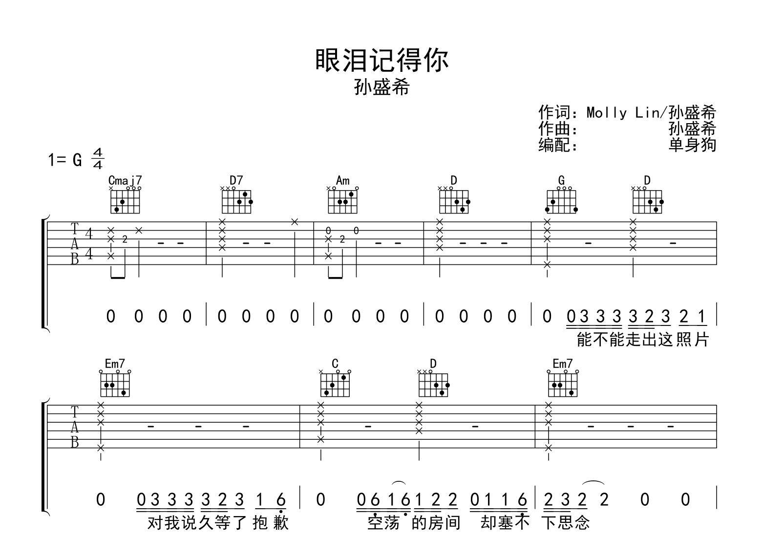 眼泪记得你吉他谱-孙盛希-G调弹唱谱-吉他帮