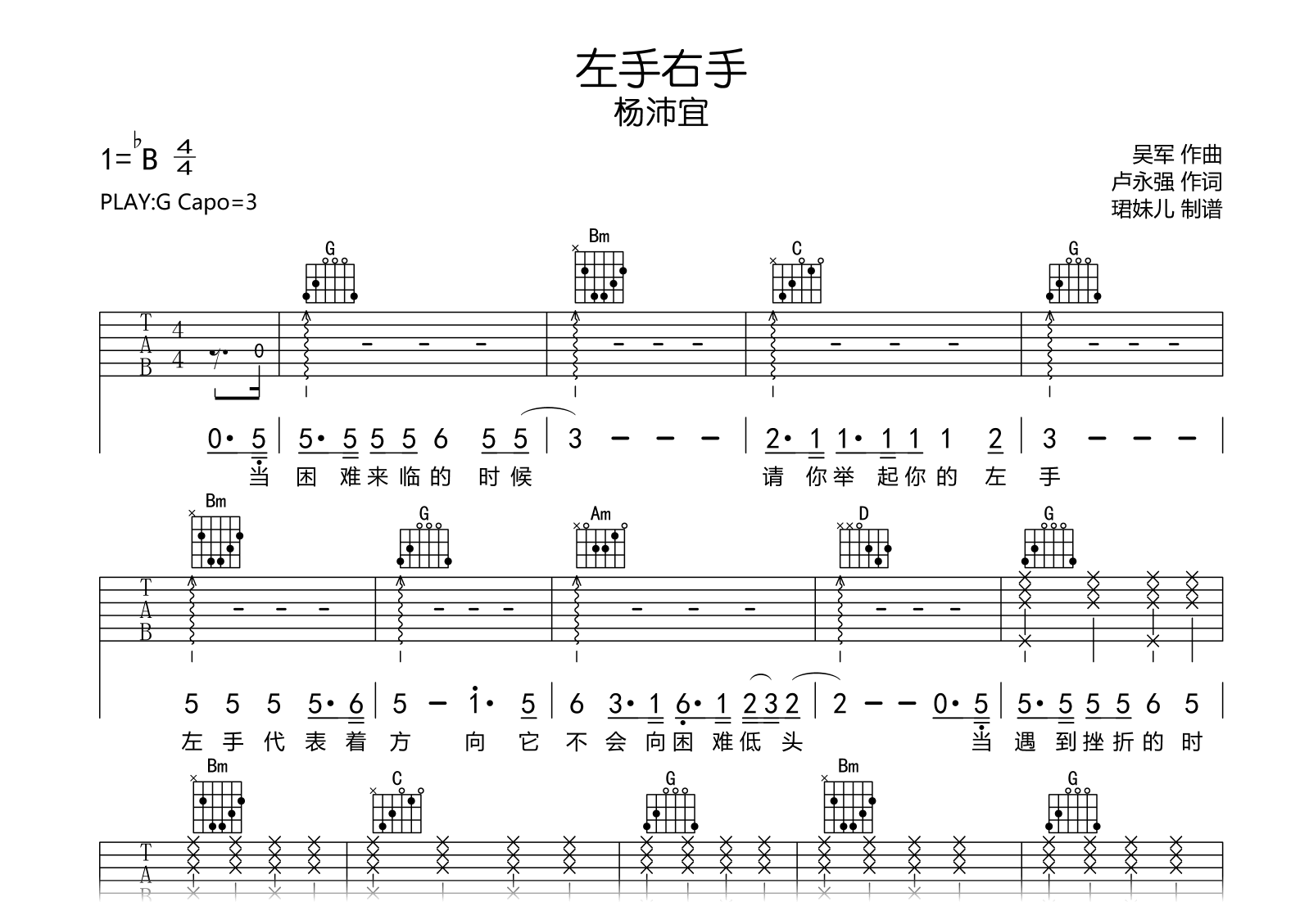 左手右手吉他谱-杨沛宜-G调-吉他帮