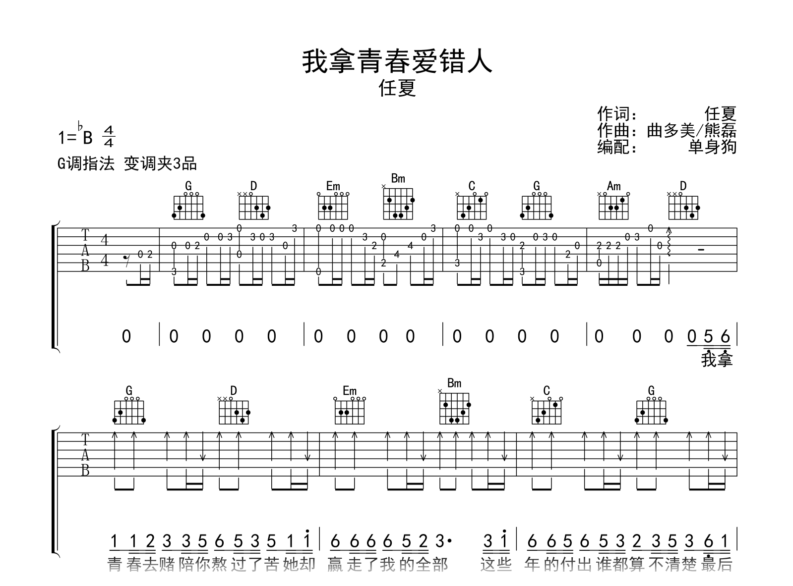 我拿青春爱错人吉他谱-任夏-G调-吉他帮