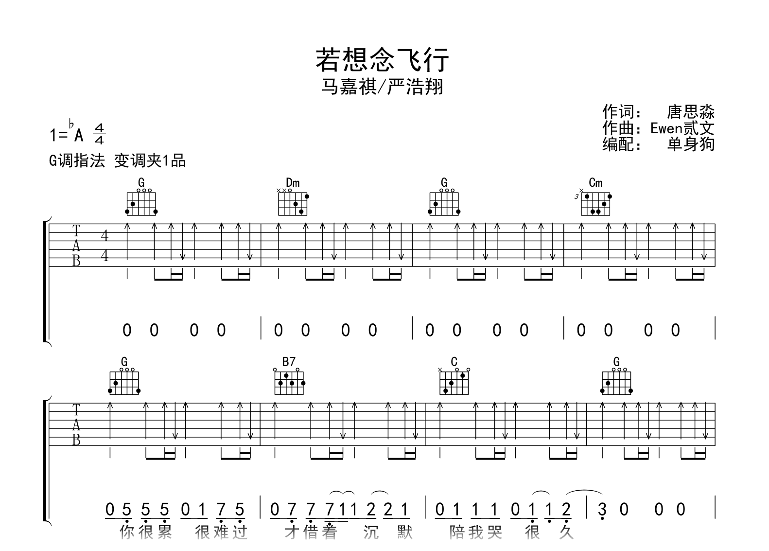 若想念飞行吉他谱-马嘉祺/严浩翔-吉他帮