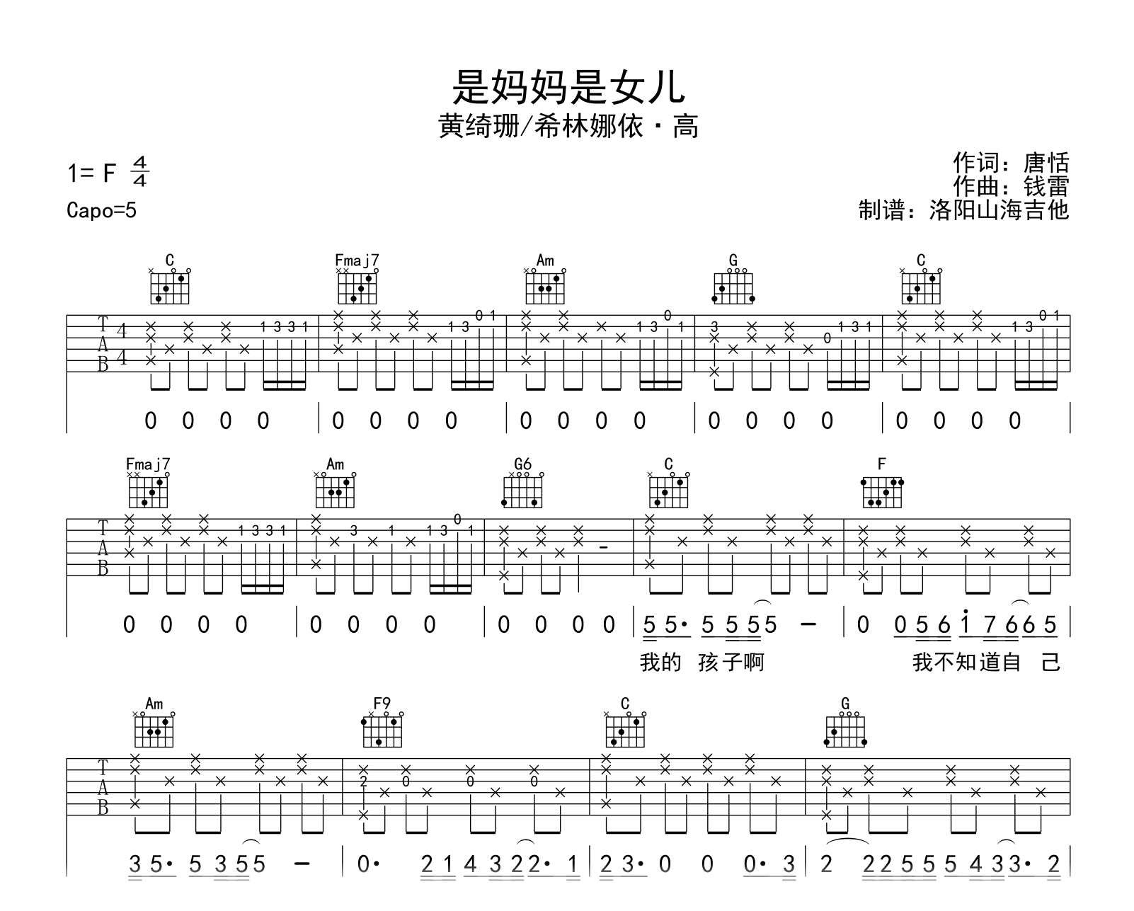 是妈妈是女儿吉他谱_黄绮珊/希林娜依·高-吉他帮