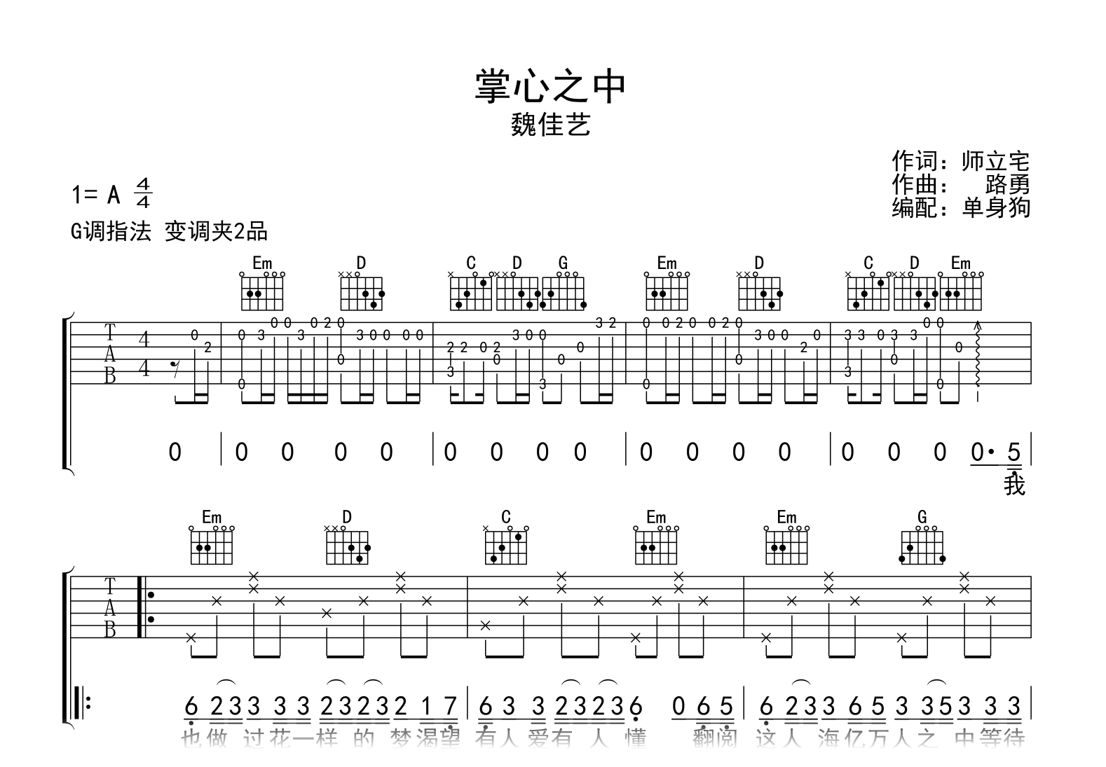 掌心之中吉他谱-魏佳艺-G调-吉他帮