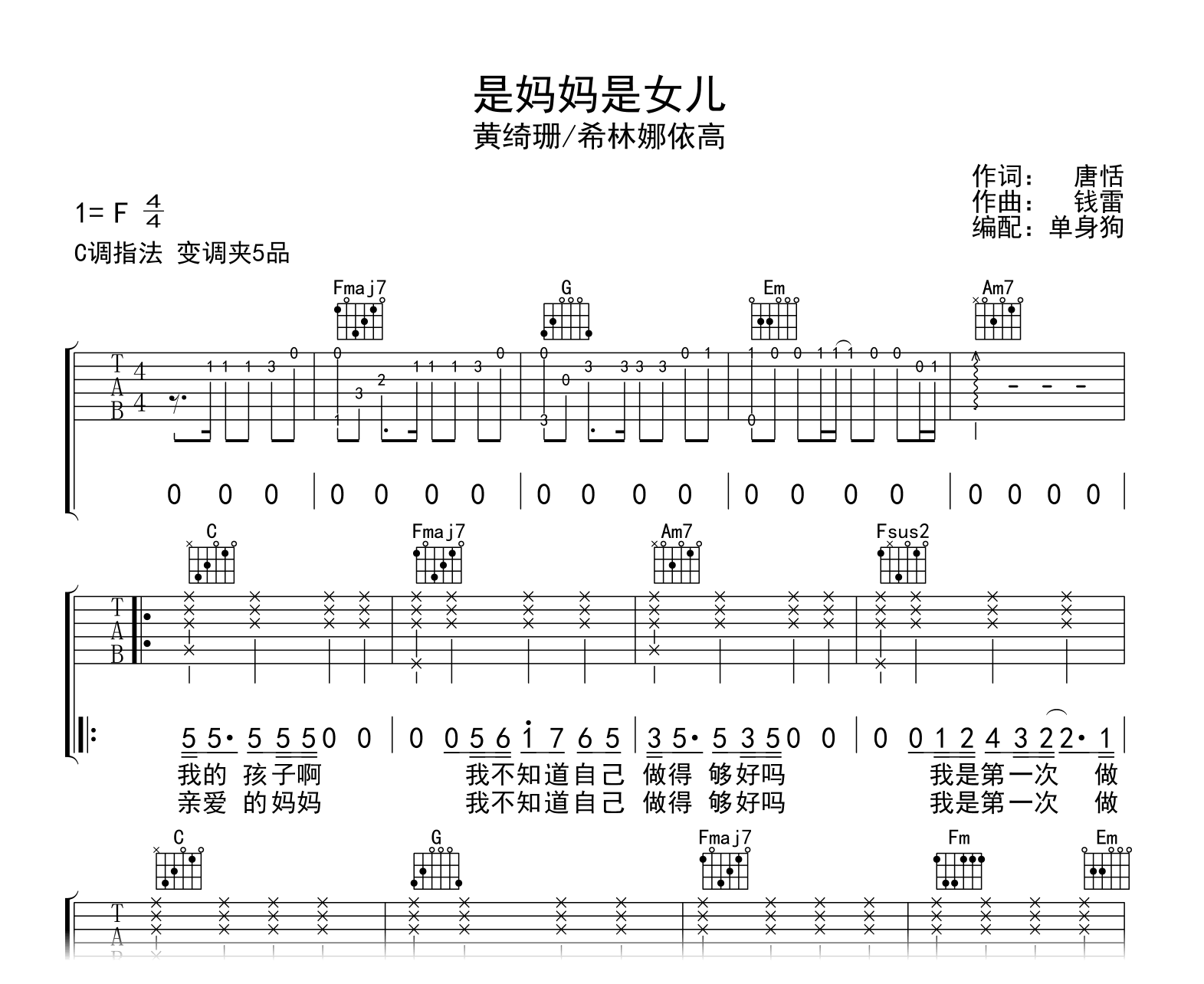 是妈妈是女儿吉他谱-黄绮珊/希林娜依高-吉他帮