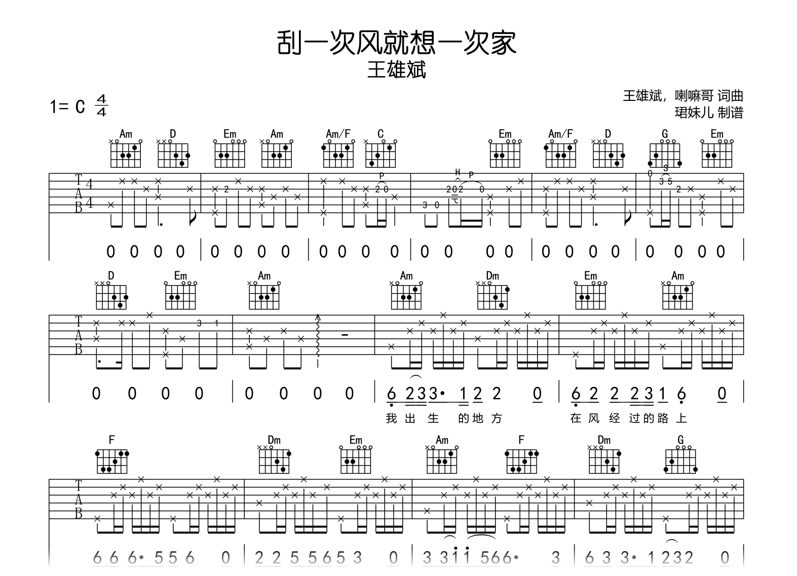 刮一次风就想一次家吉他谱-王雄斌-吉他帮
