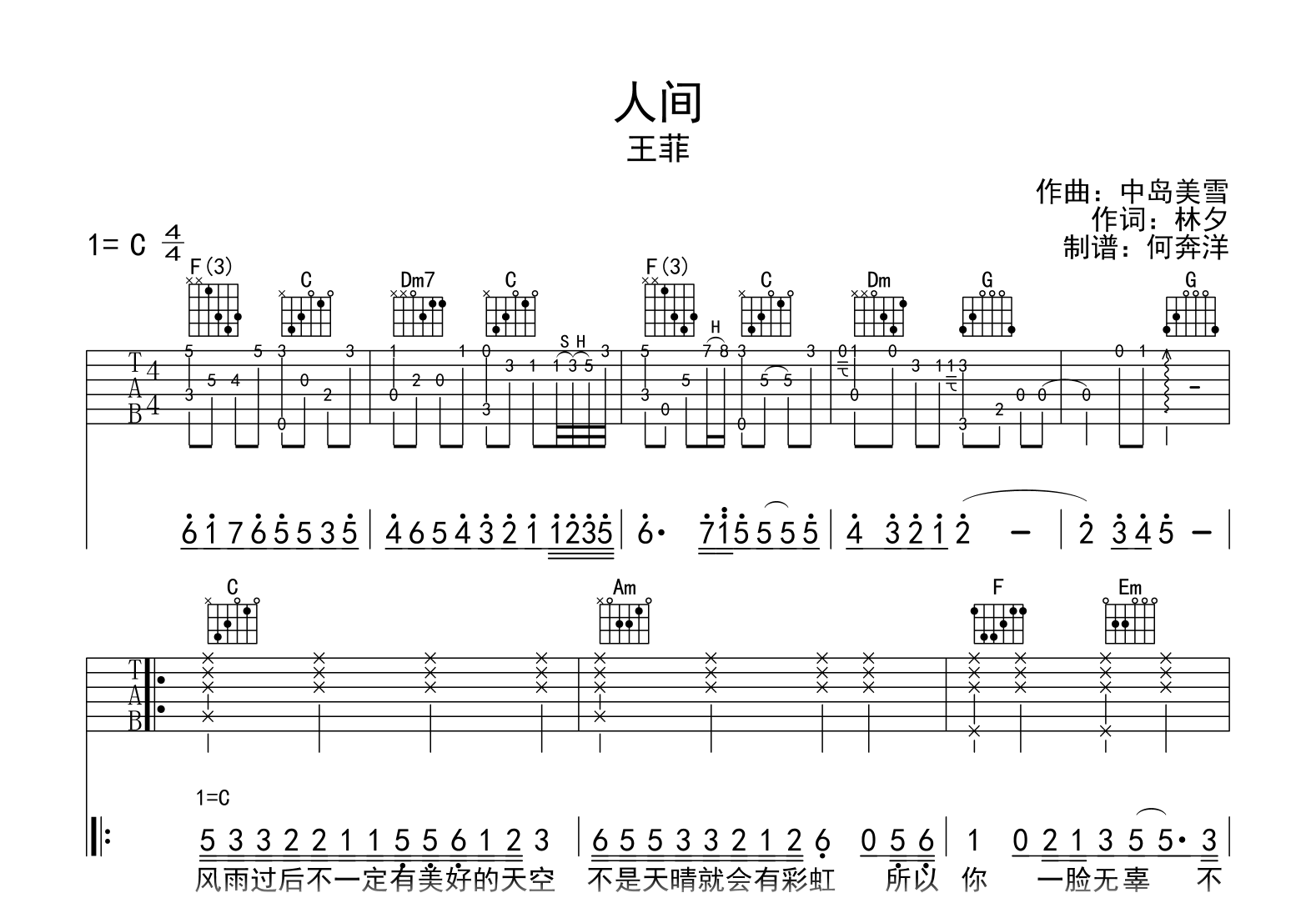 人间吉他谱_王菲_C调弹唱76%专辑版 - 吉他世界