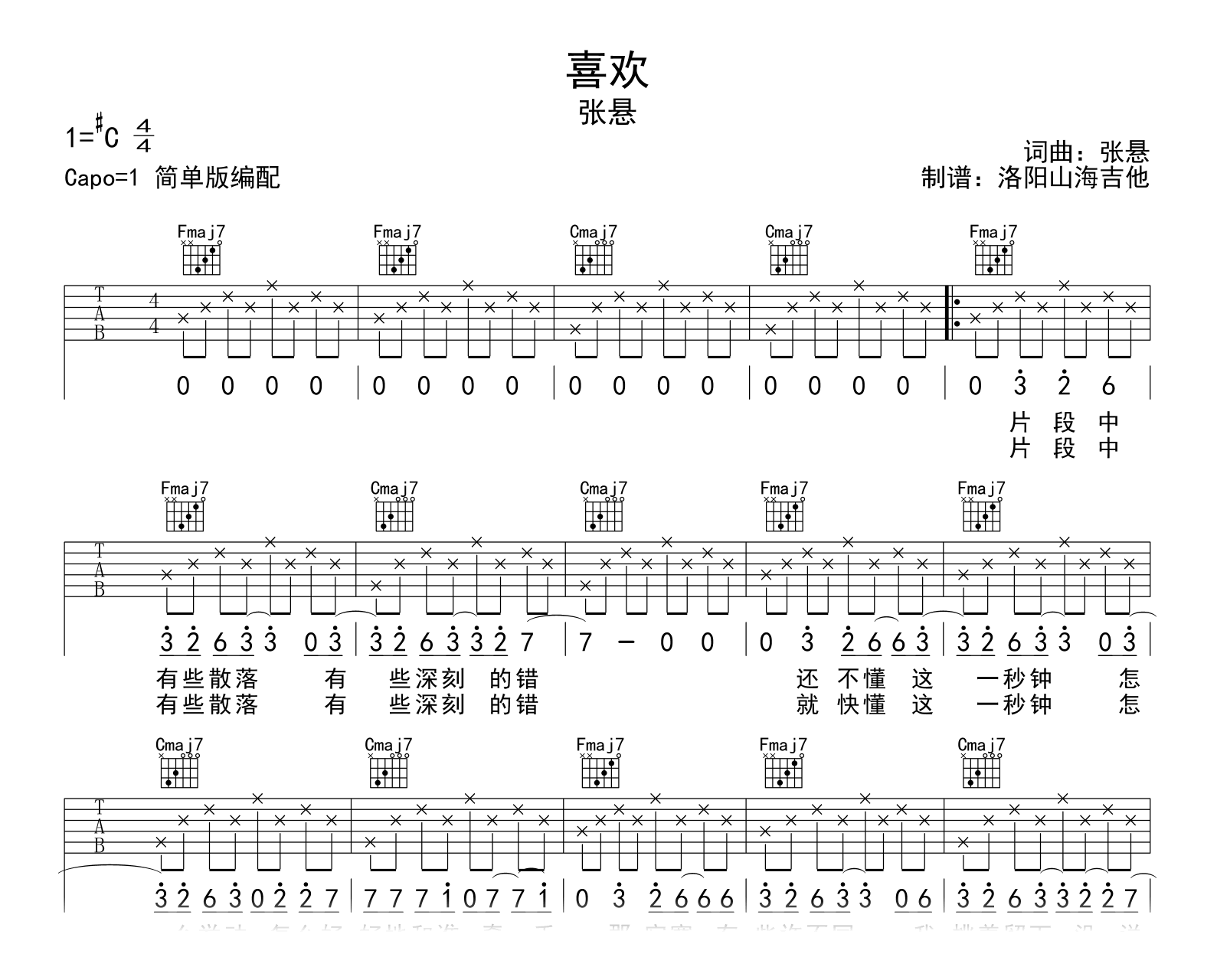 张悬《喜欢》吉他谱-吉他帮