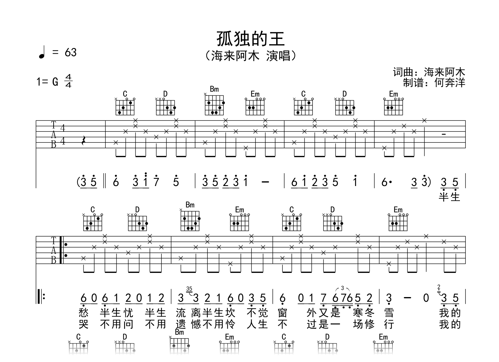 海来阿木《孤独的王》吉他谱-吉他帮