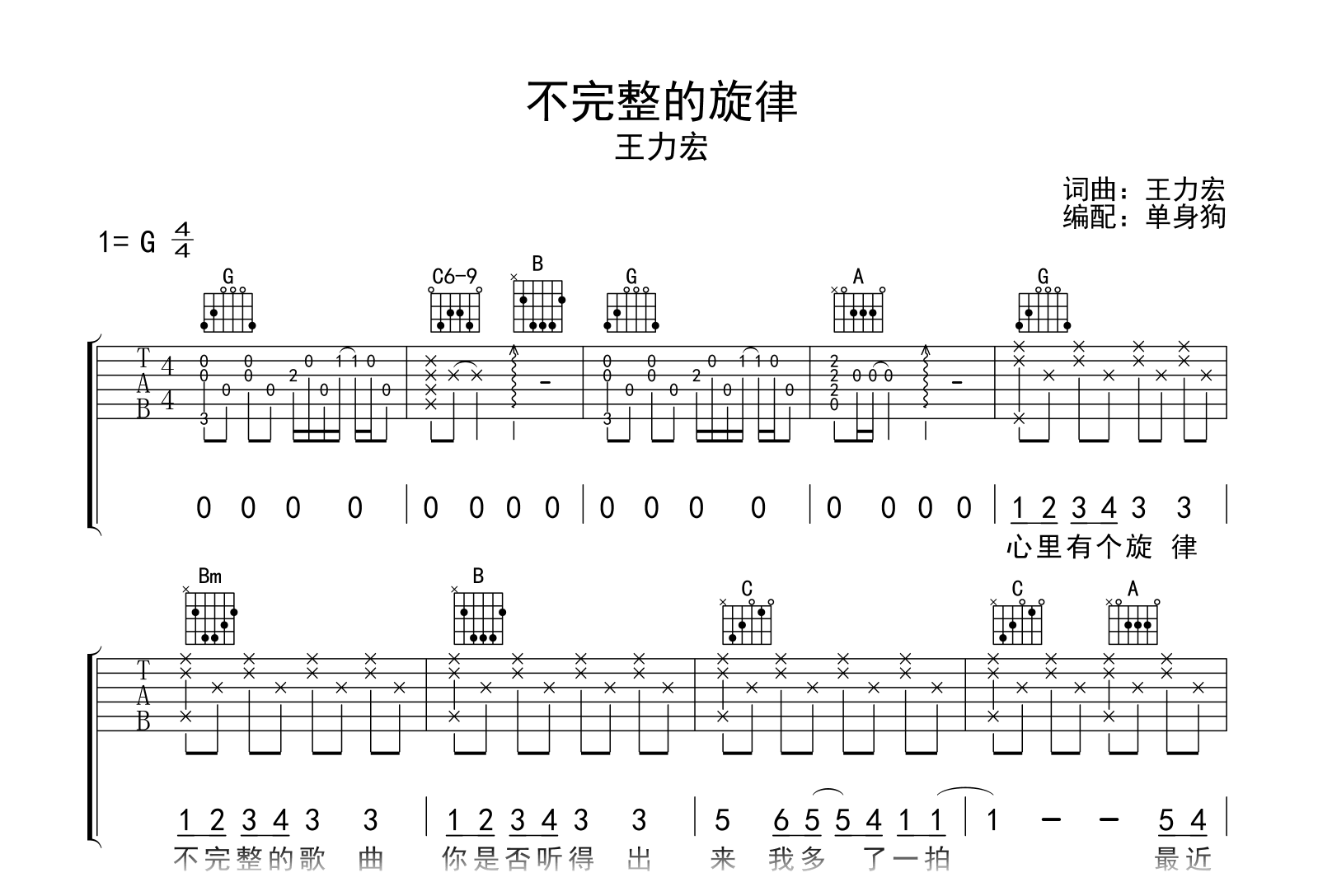 不完整的旋律吉他谱-王力宏-吉他帮