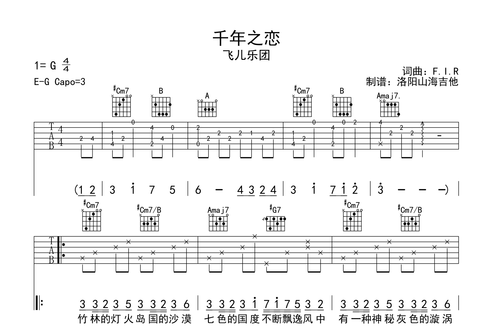 飞儿乐队《千年之恋》吉他谱-吉他帮