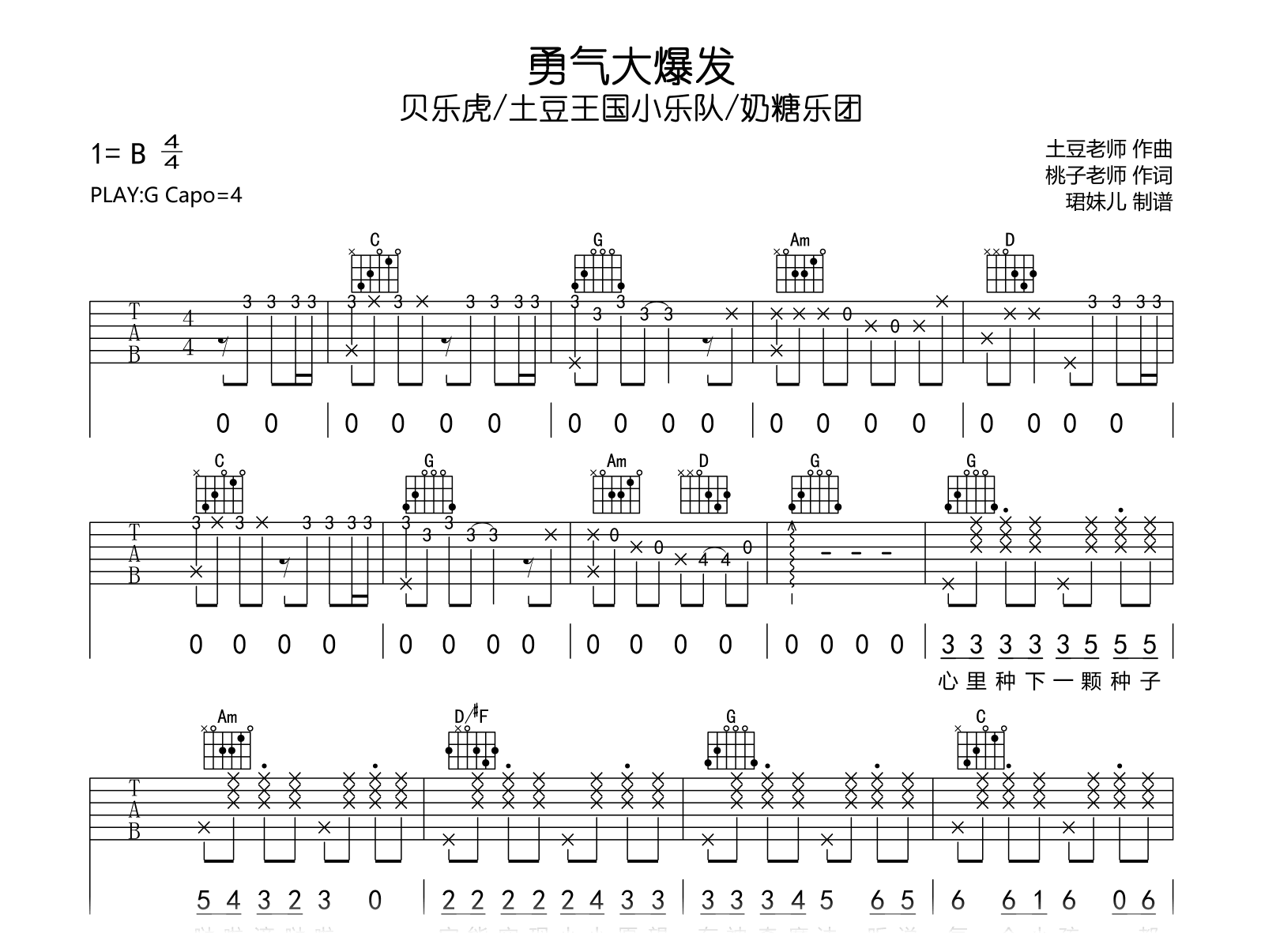 勇气大爆发吉他谱-贝乐虎/土豆王国小乐队/奶糖乐团-吉他帮