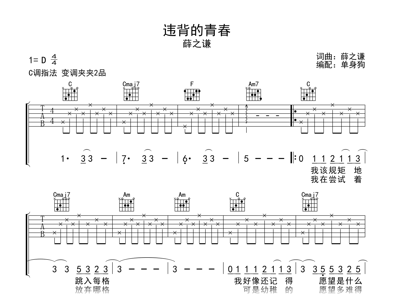 违背的青春吉他谱-薛之谦-吉他帮-