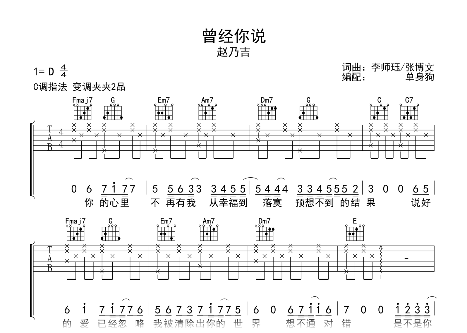 曾经你说吉他谱-赵乃吉-吉他帮