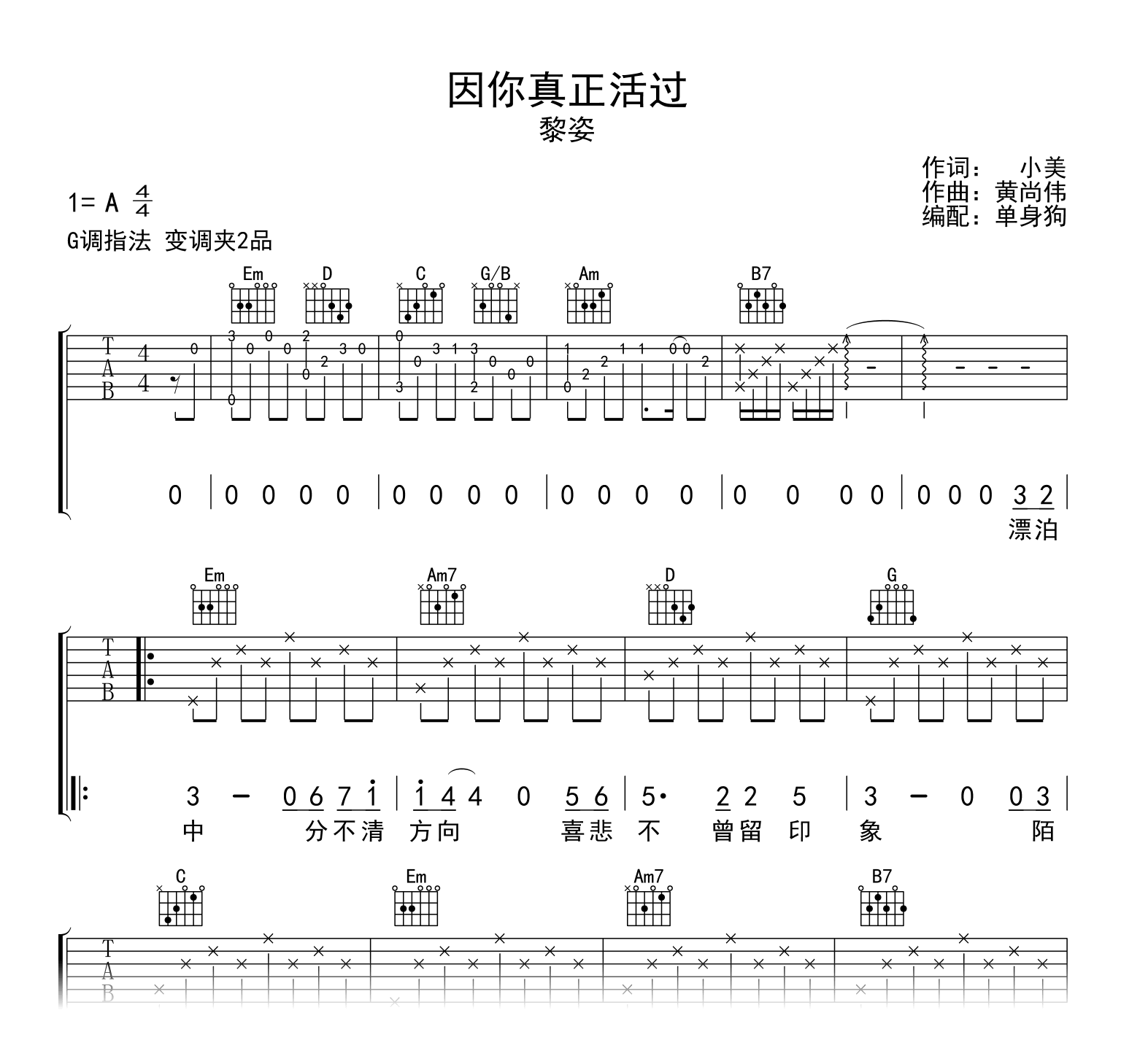 因你真正活过吉他谱-黎姿-吉他帮