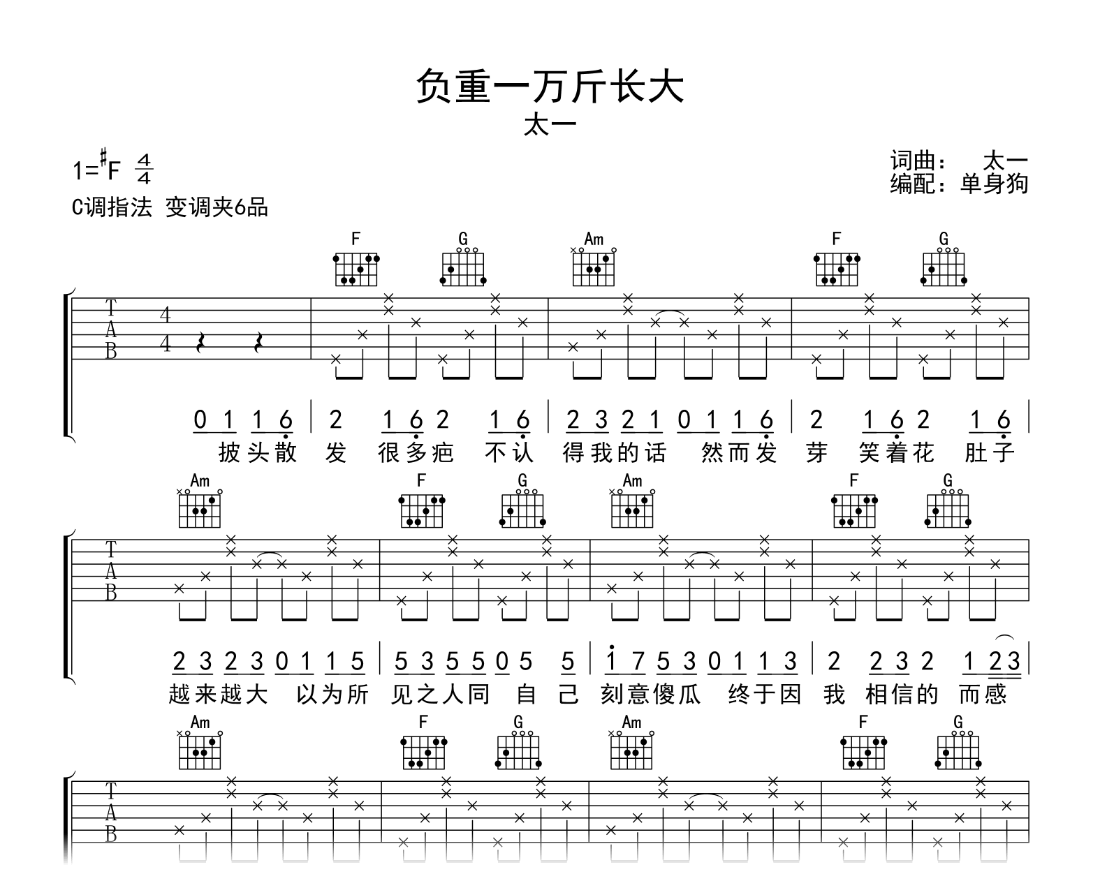 负重一万斤长大吉他谱-太一-吉他帮