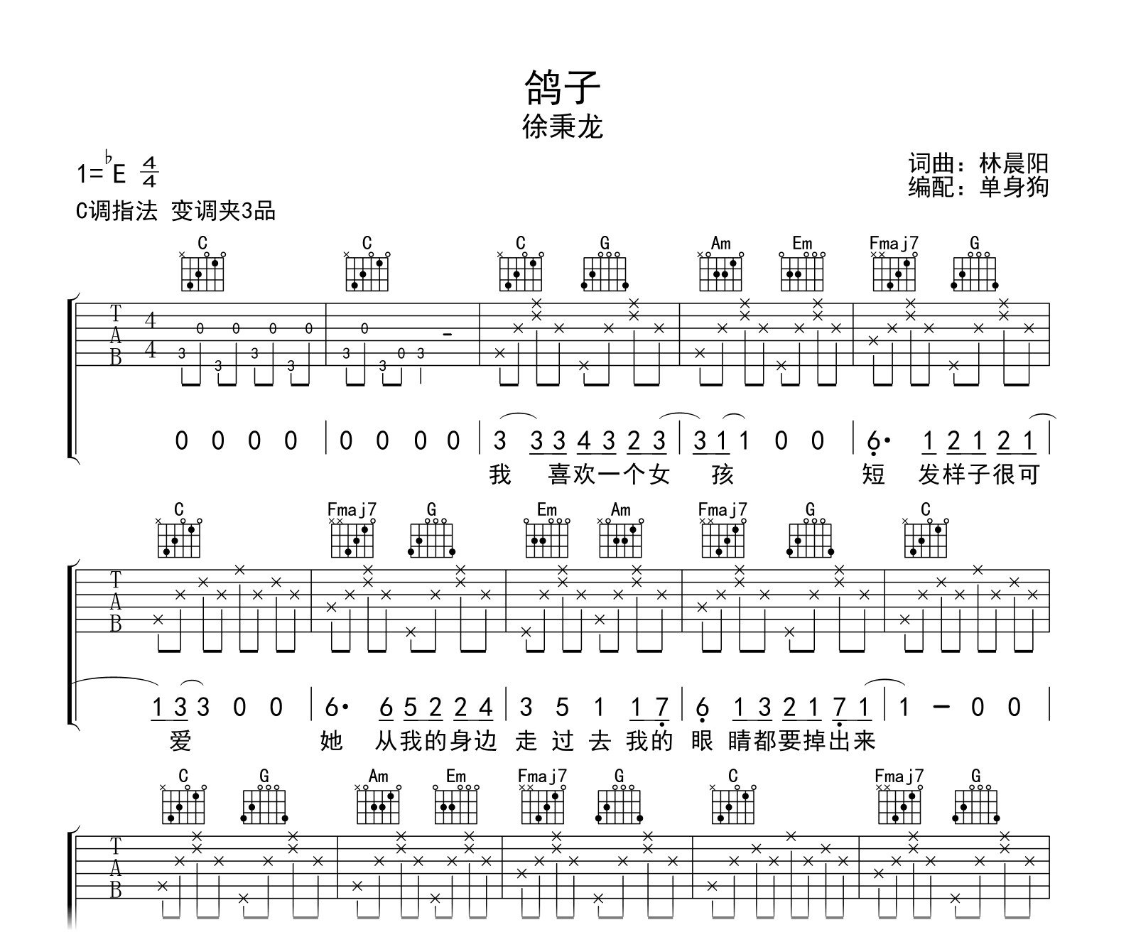 宋冬野《鸽子》吉他谱E调吉他弹唱谱 | 小叶歌吉他