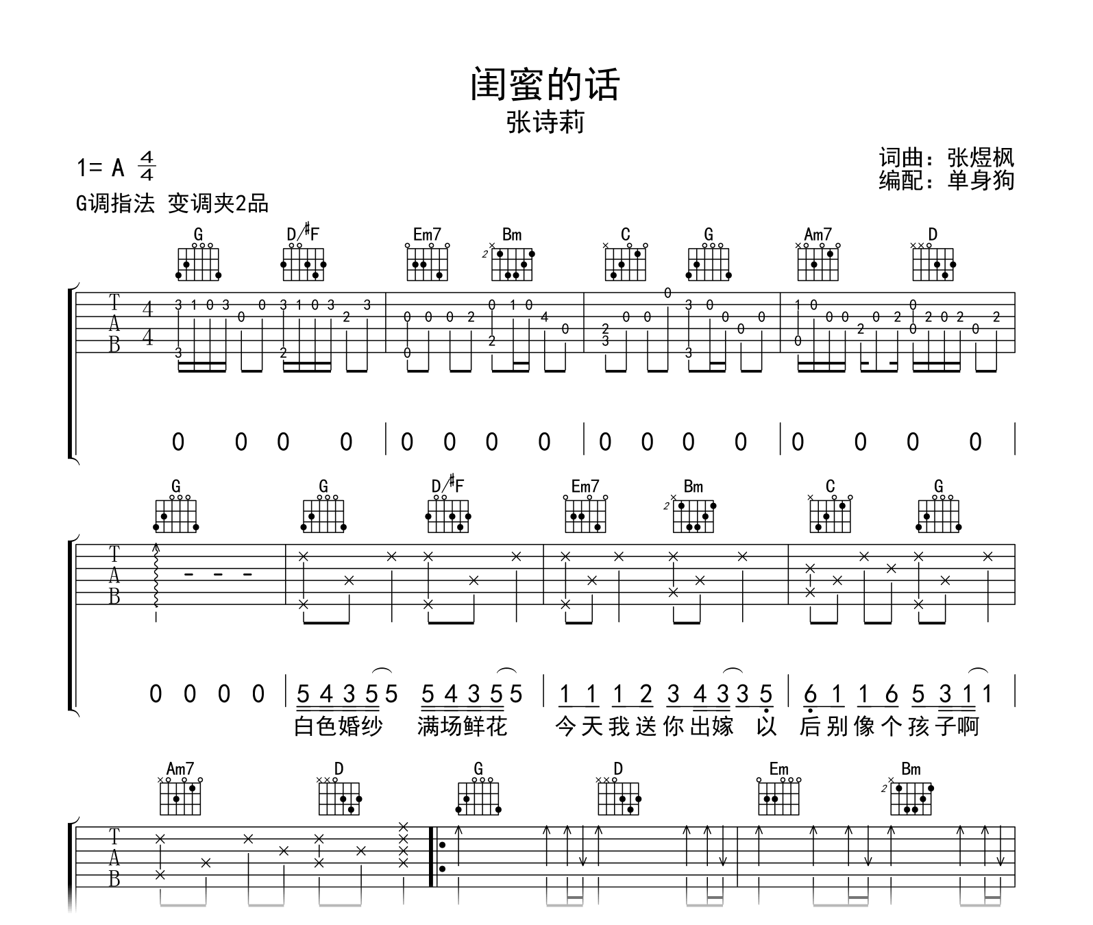 闺蜜的话吉他谱-张诗莉-G调-吉他帮