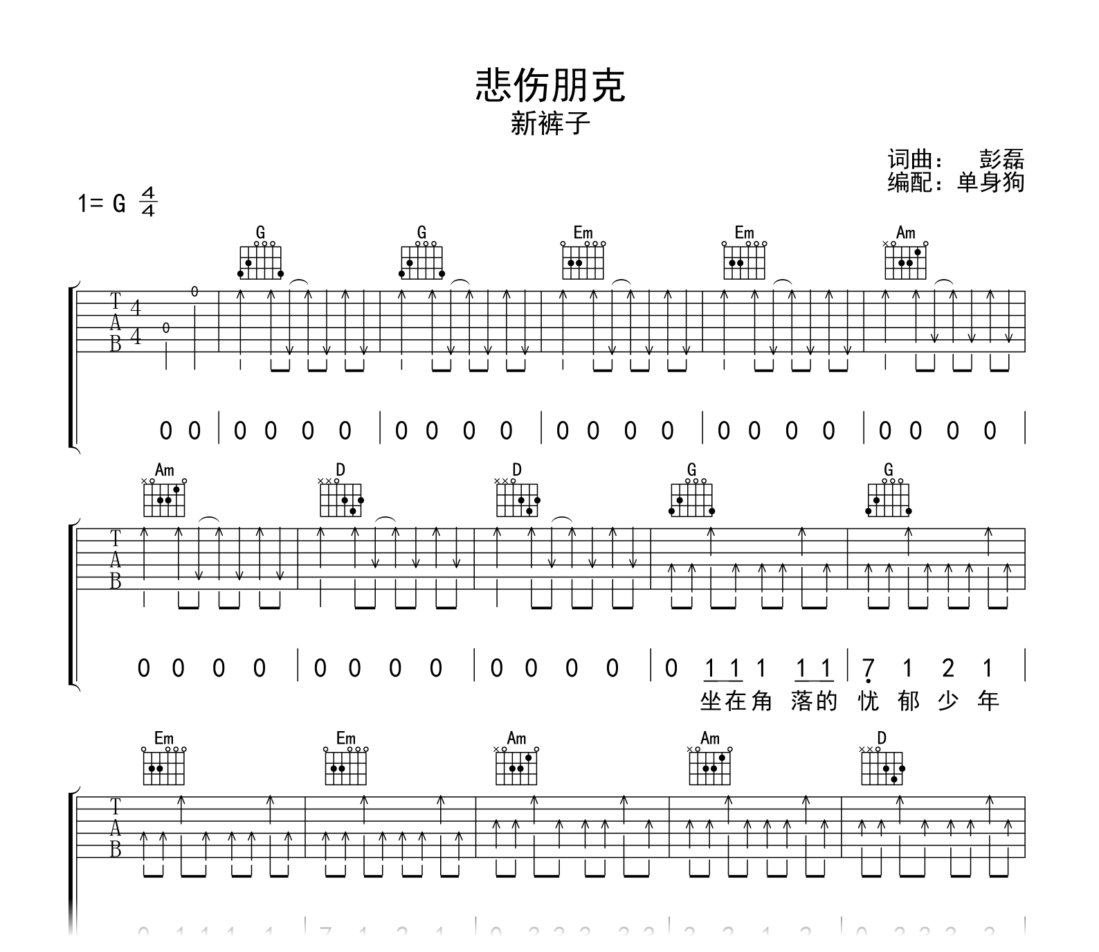 悲伤朋克吉他谱-新裤子-吉他帮