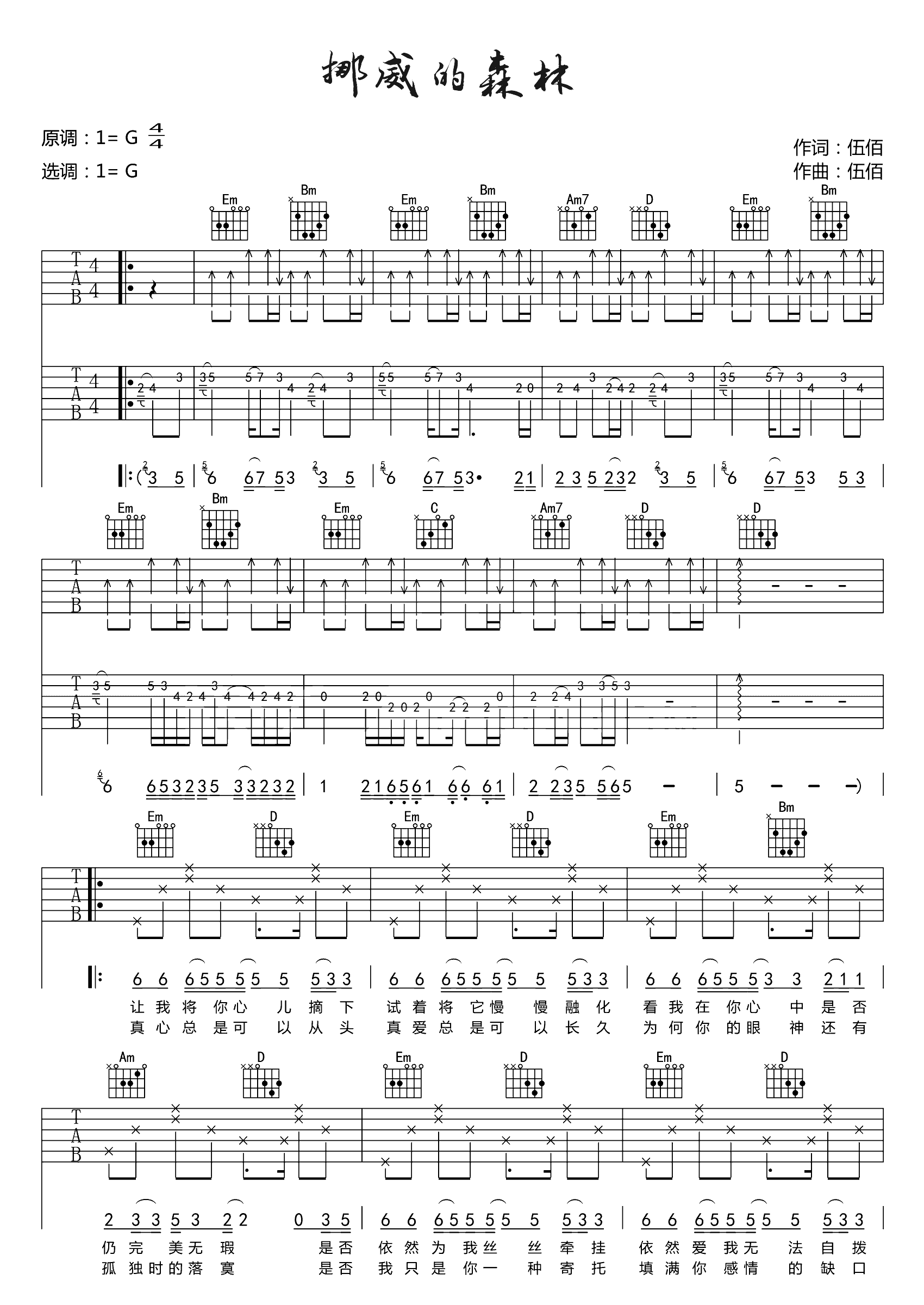 挪威的森林吉他谱,伍佰-1
