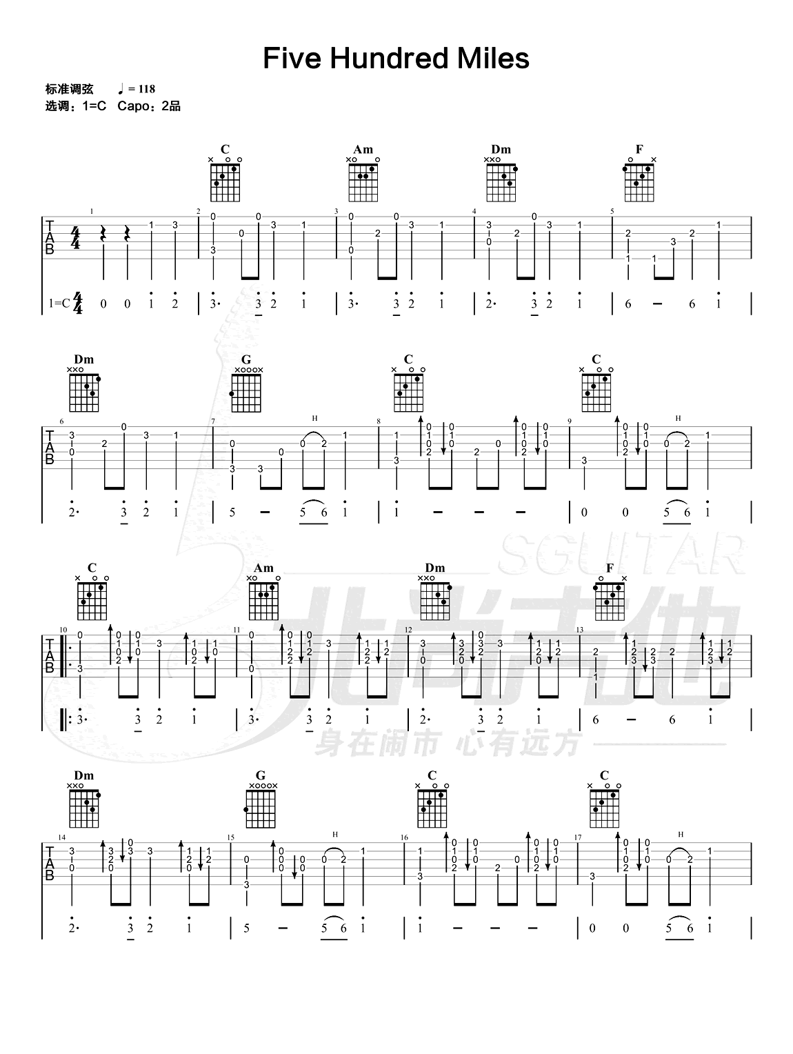 500 miles指弹吉他谱-独奏演示教学-1