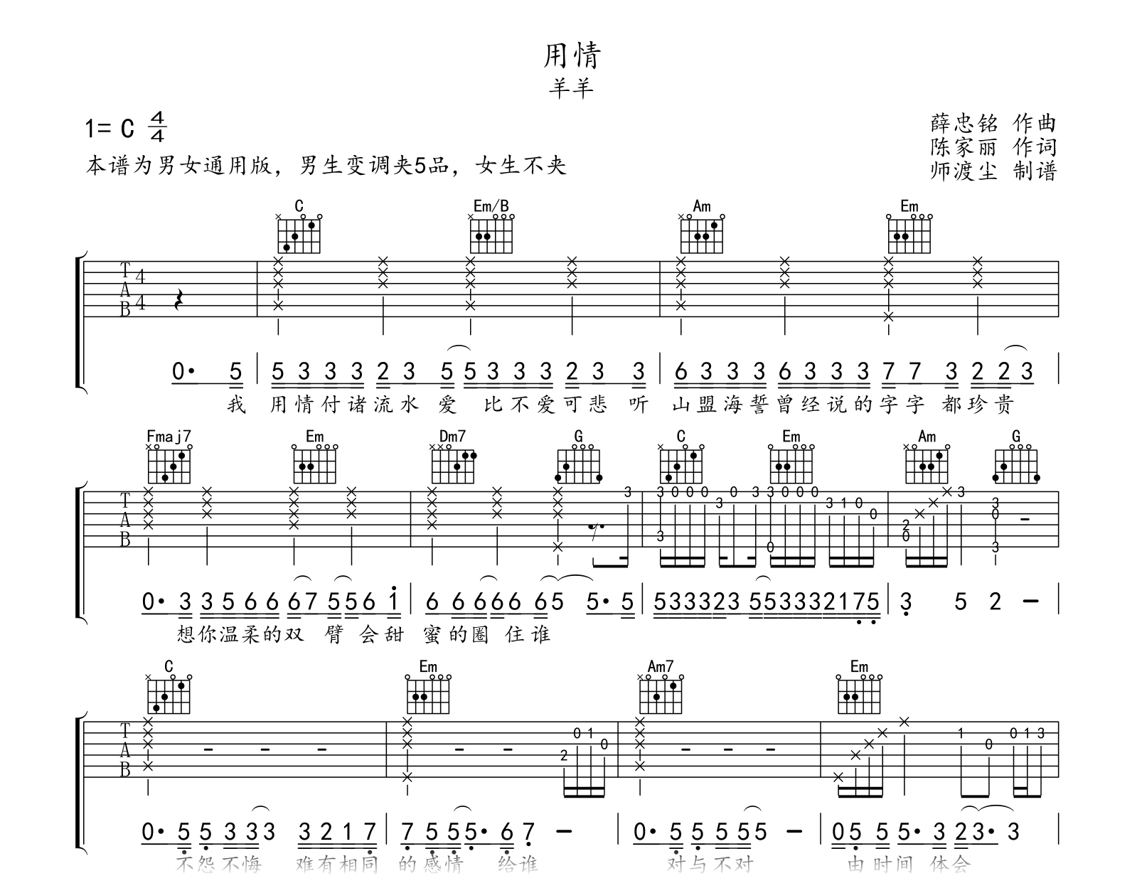 致爱丽丝六线谱C调简单版_111吉他新手和弦简谱_简易单音版_C调男生版 - 吉他简谱