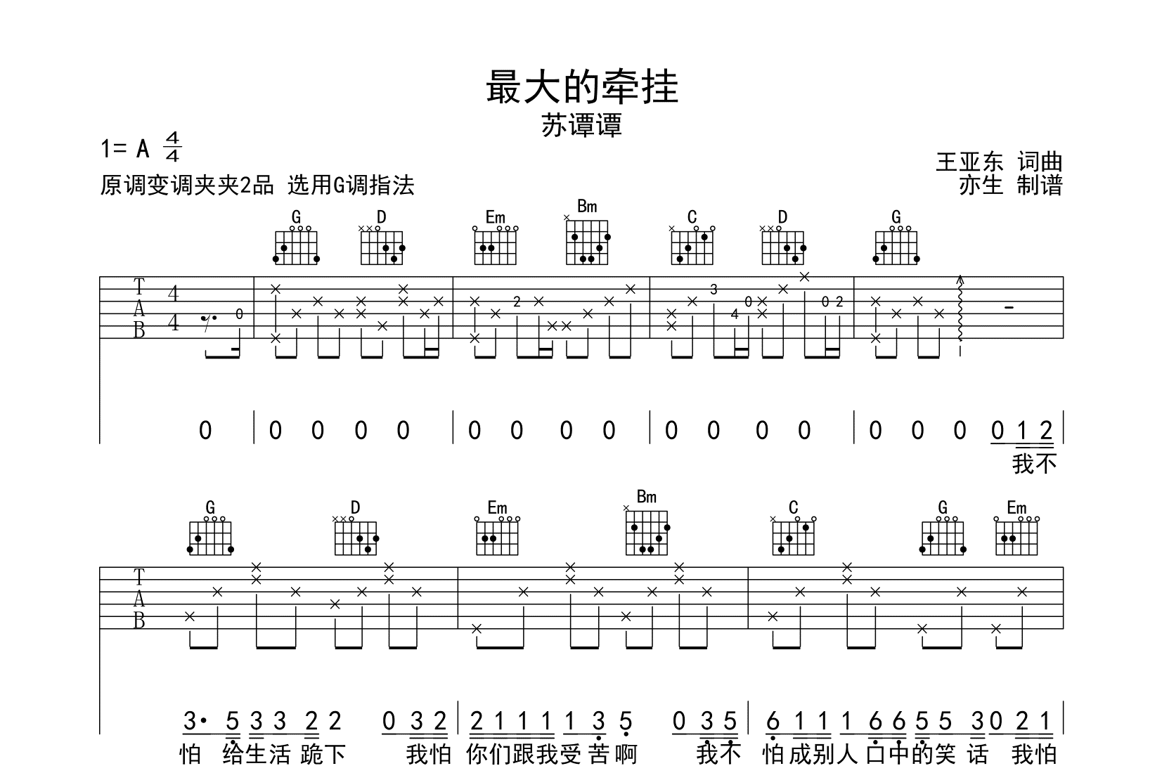 最大的牵挂吉他谱-苏谭谭-G调-吉他帮