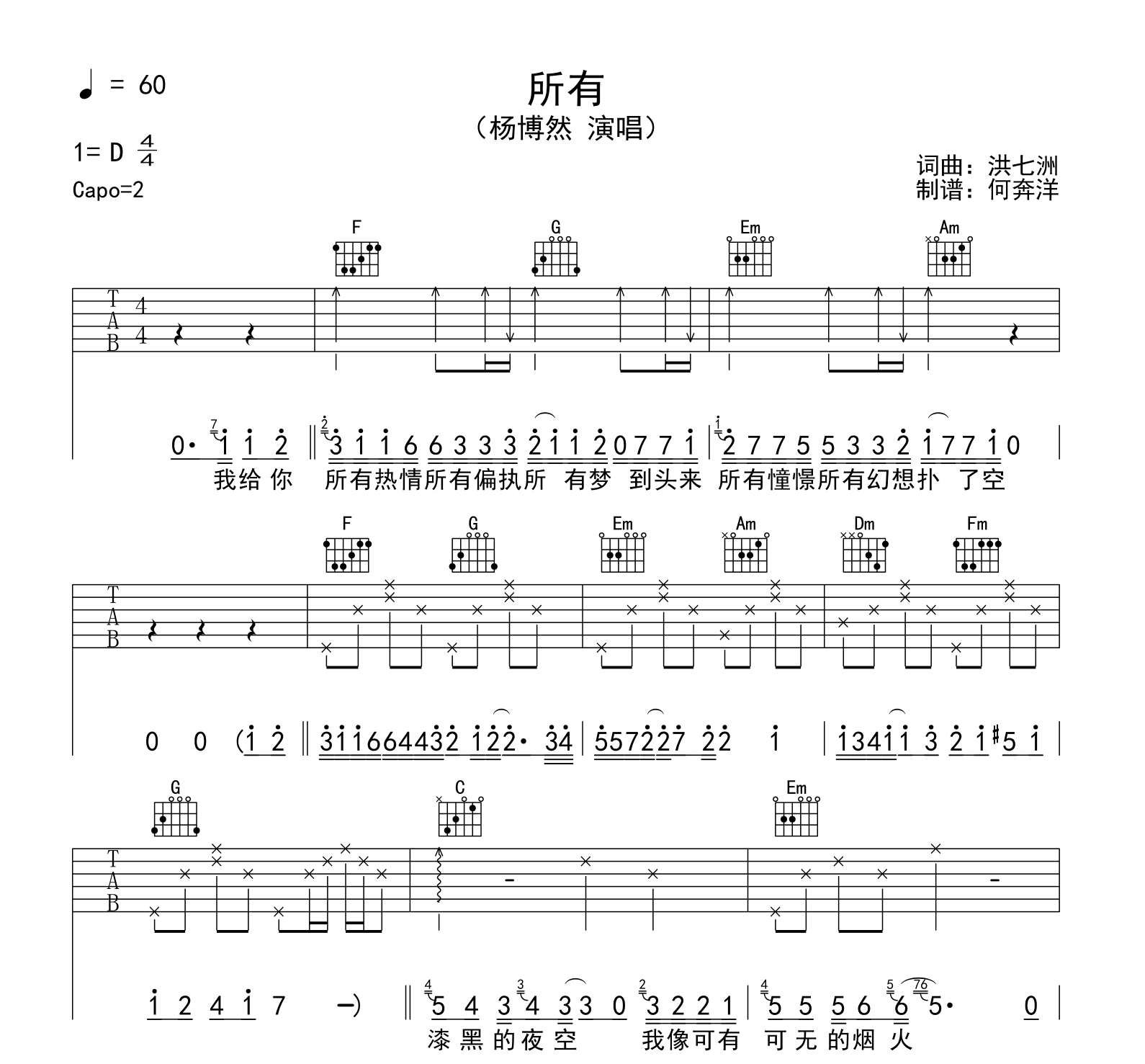 杨博然《所有》吉他谱-吉他帮