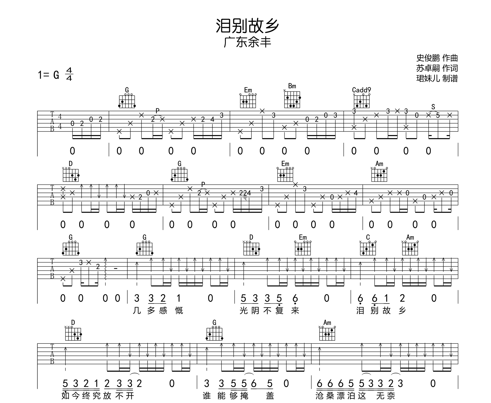 泪别故乡吉他谱-广东余丰-吉他帮