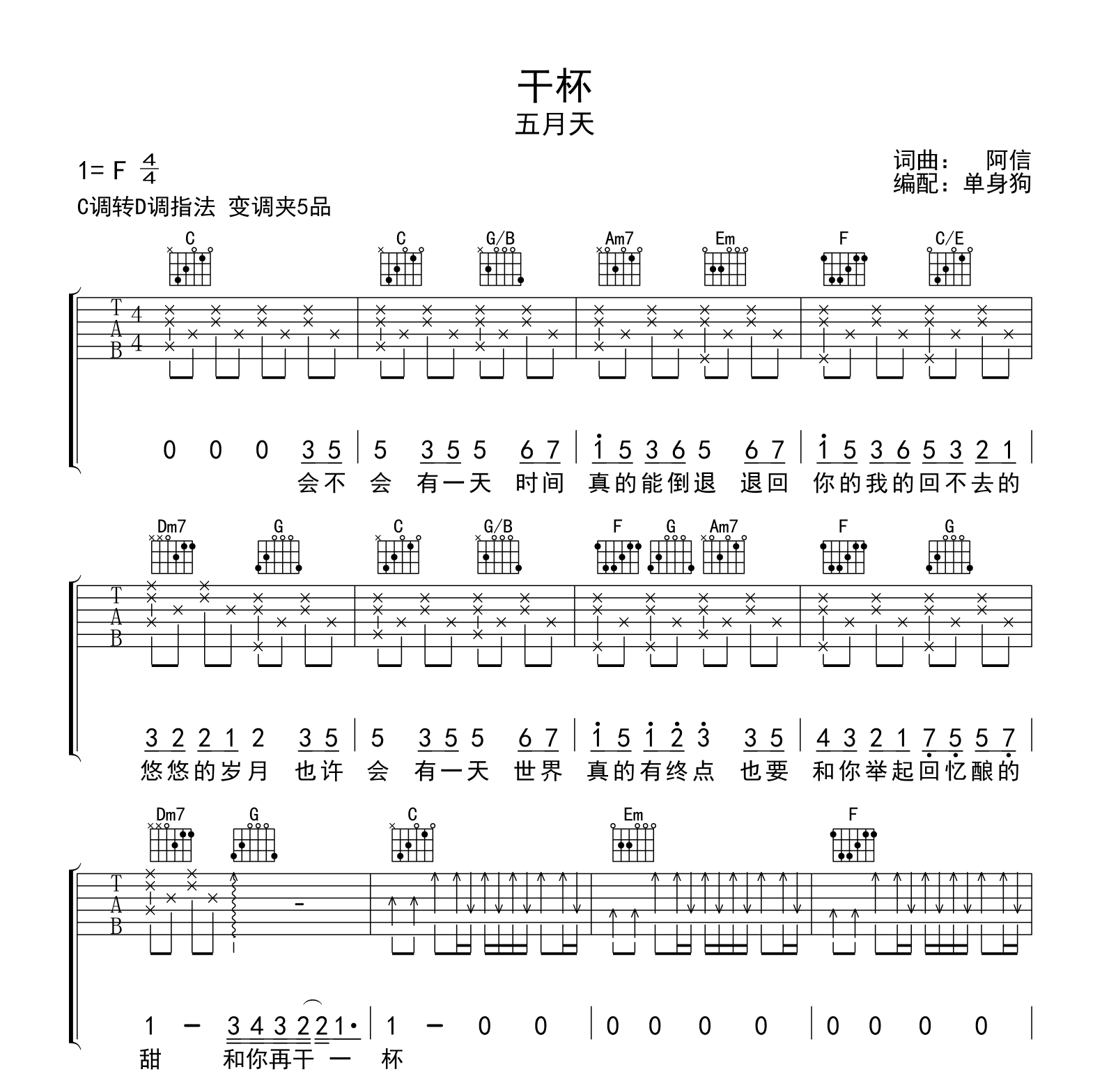 干杯吉他谱 大树音乐屋 - 五月天 - 多谱网