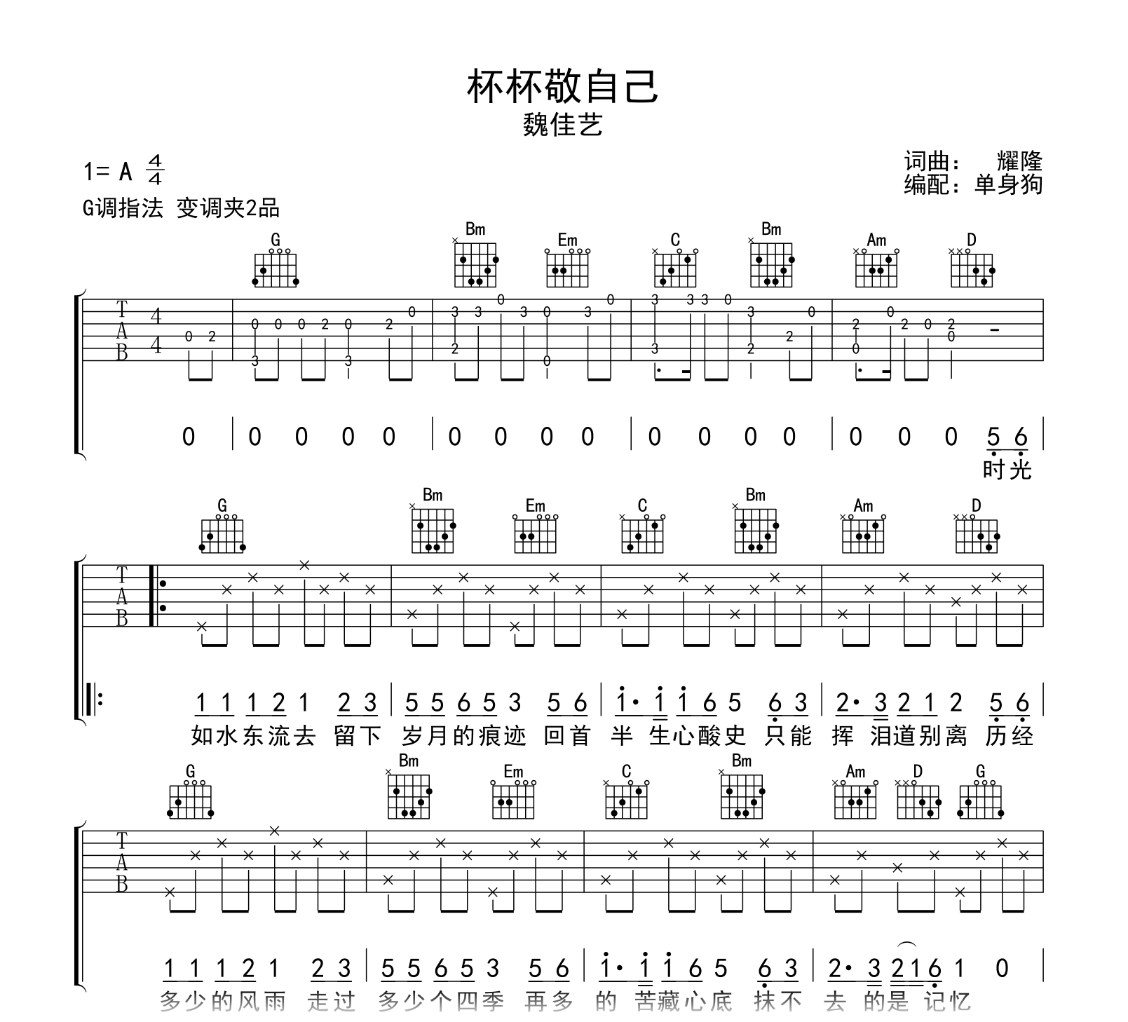 杯杯敬自己吉他谱-魏佳艺-G调-吉他帮