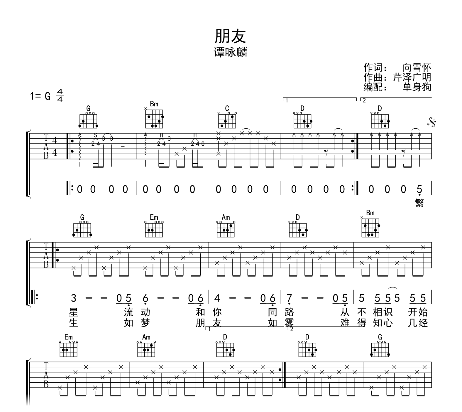 朋友吉他谱-谭咏麟-吉他帮