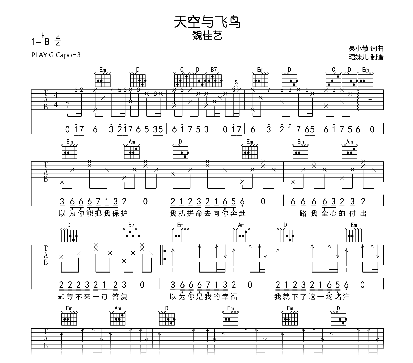 天空与飞鸟吉他谱-魏佳艺-吉他帮