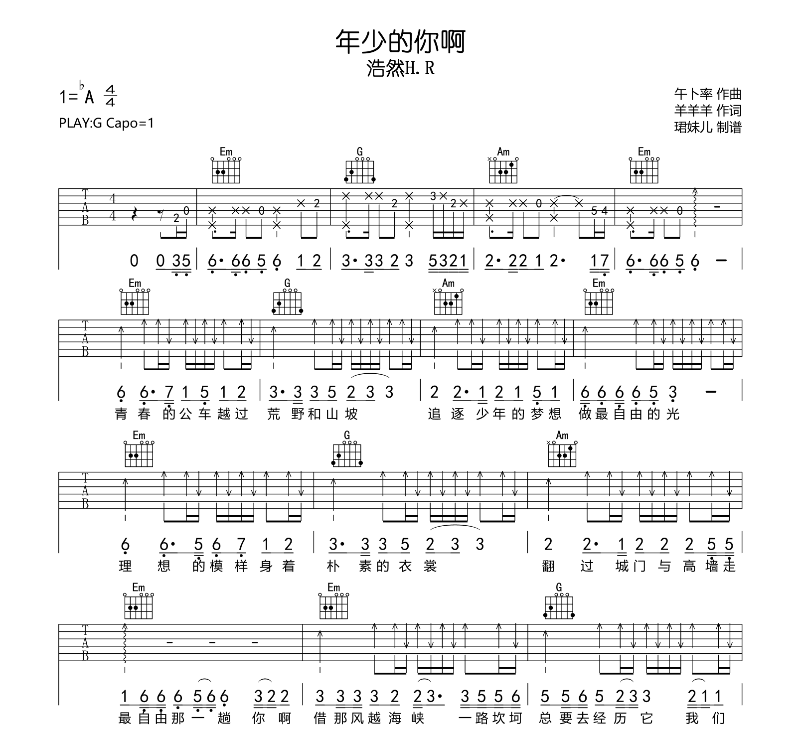 少年的你吉他谱_造乐团_C调原版弹唱六线谱_高清图片谱 - 热门吉他谱 - 吉他网