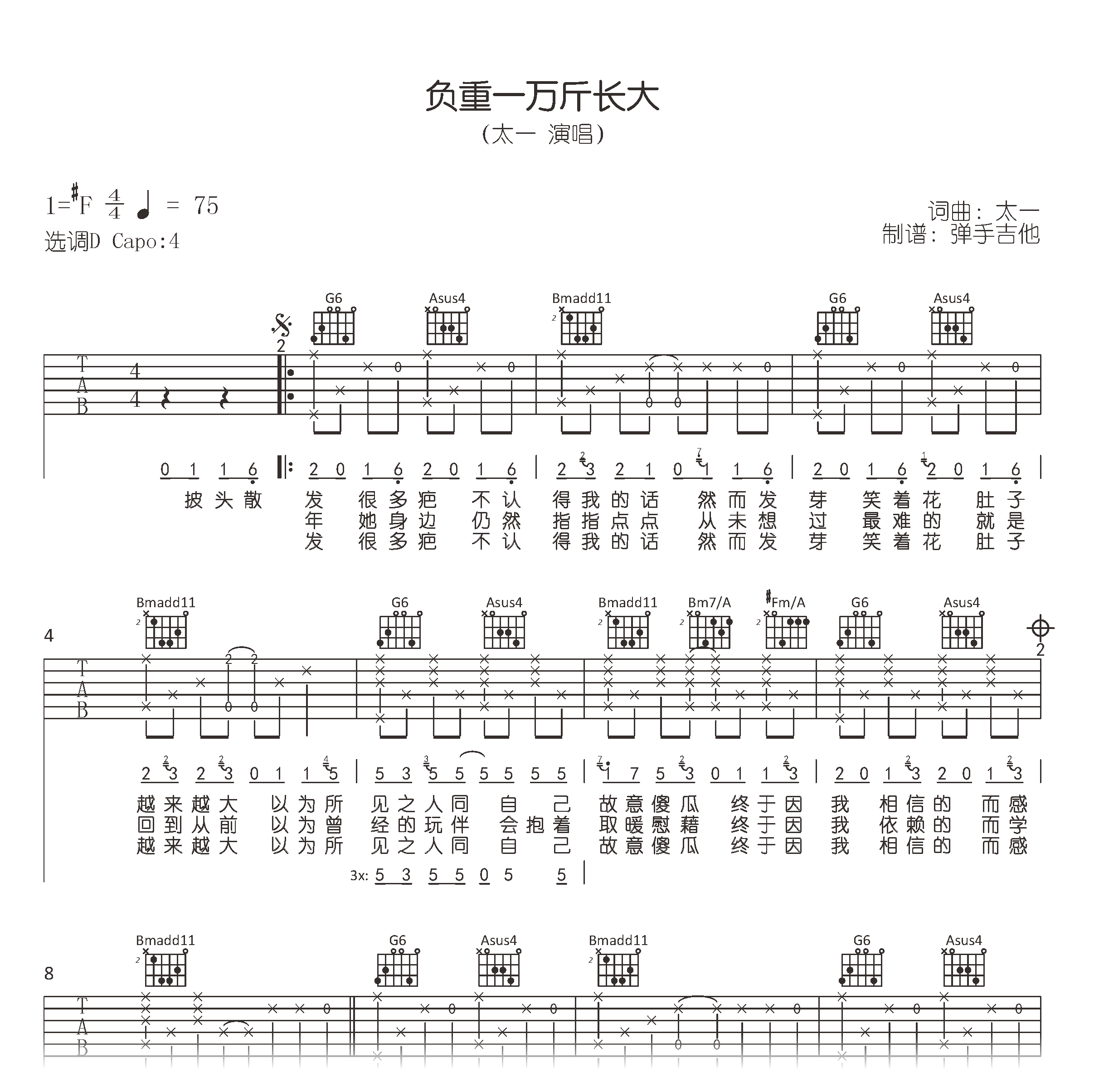 负重一万斤长大吉他谱-太一吉他帮