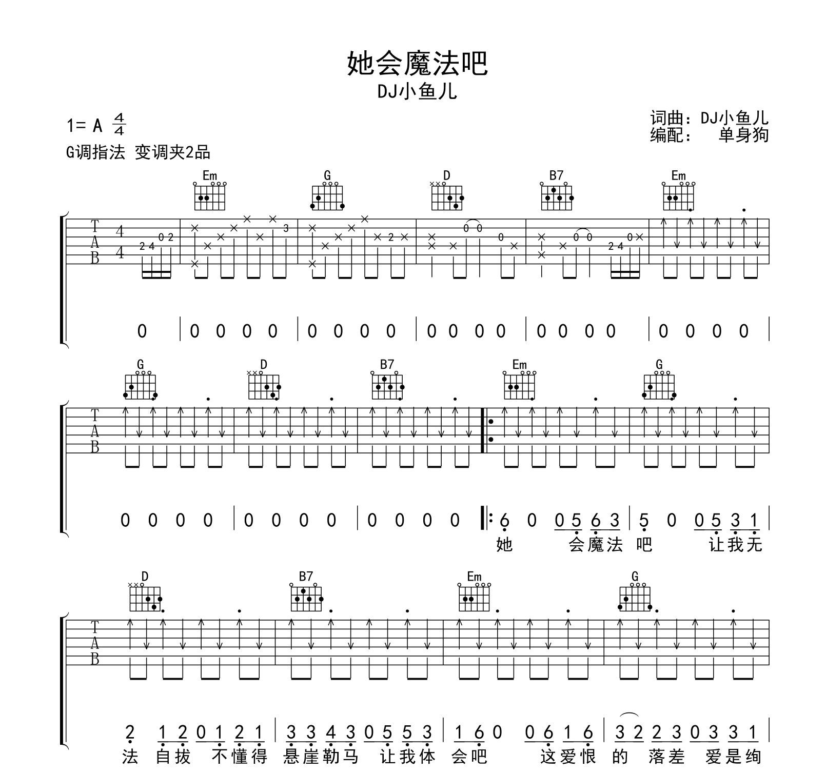 她会魔法吧吉他谱-DJ小鱼儿-G调弹唱谱