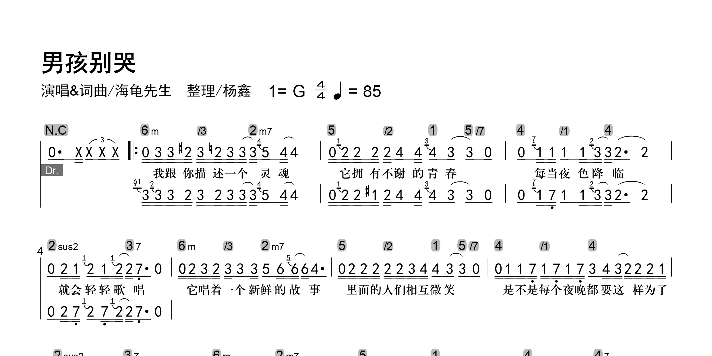 男孩别哭吉他谱-海龟先生-G调弹唱谱