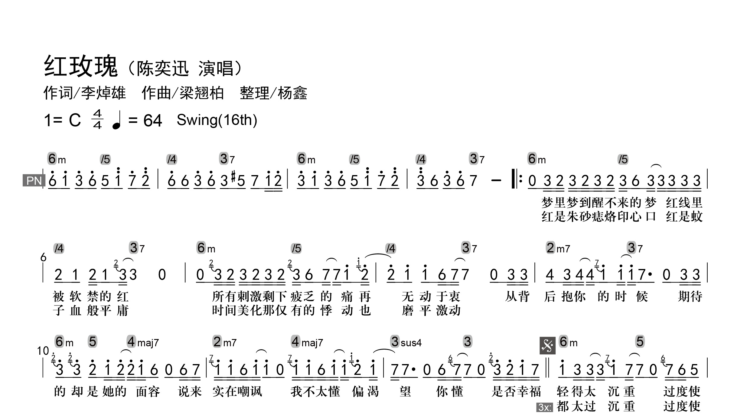 红玫瑰吉他谱-陈奕迅-原版编配