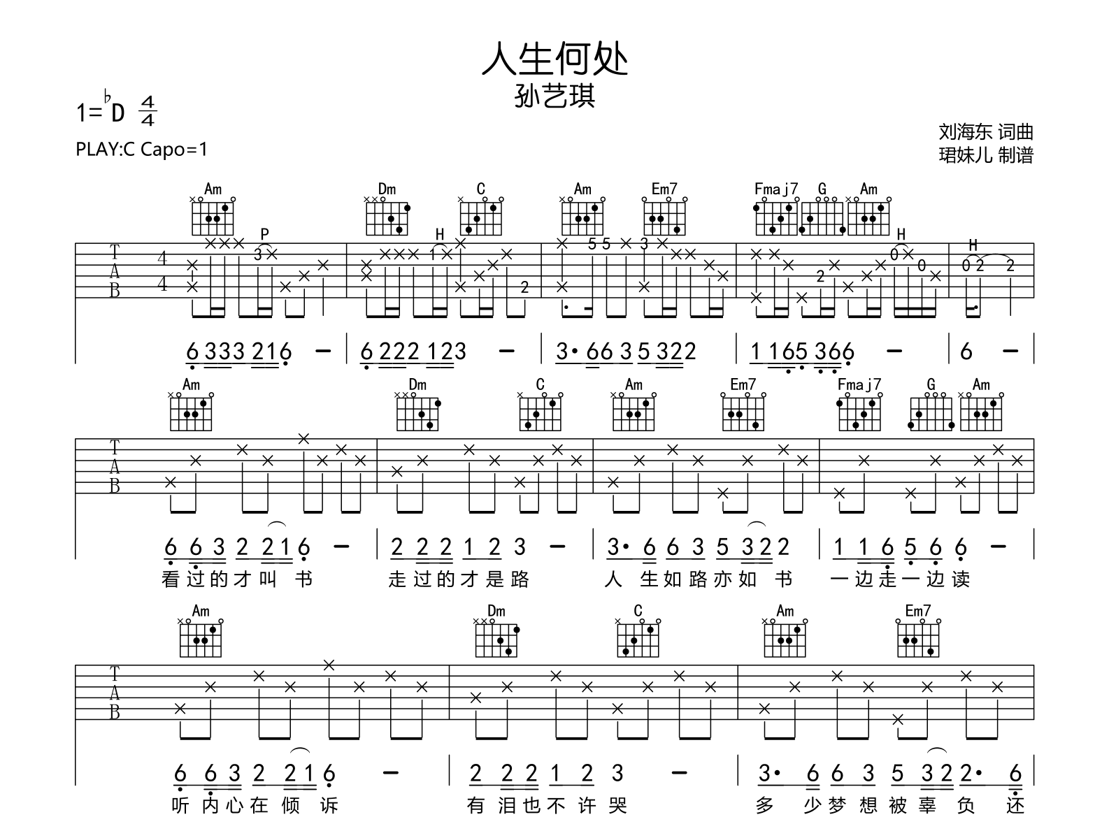 人生何处吉他谱-孙艺琪-C调弹唱谱-吉他帮