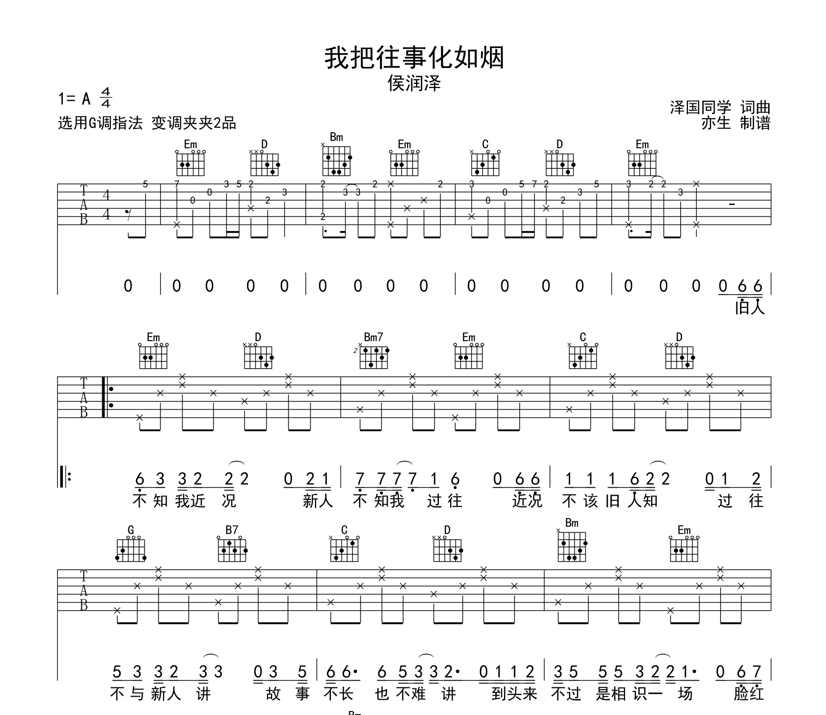 我把往事化如烟吉他谱-侯润泽-吉他帮