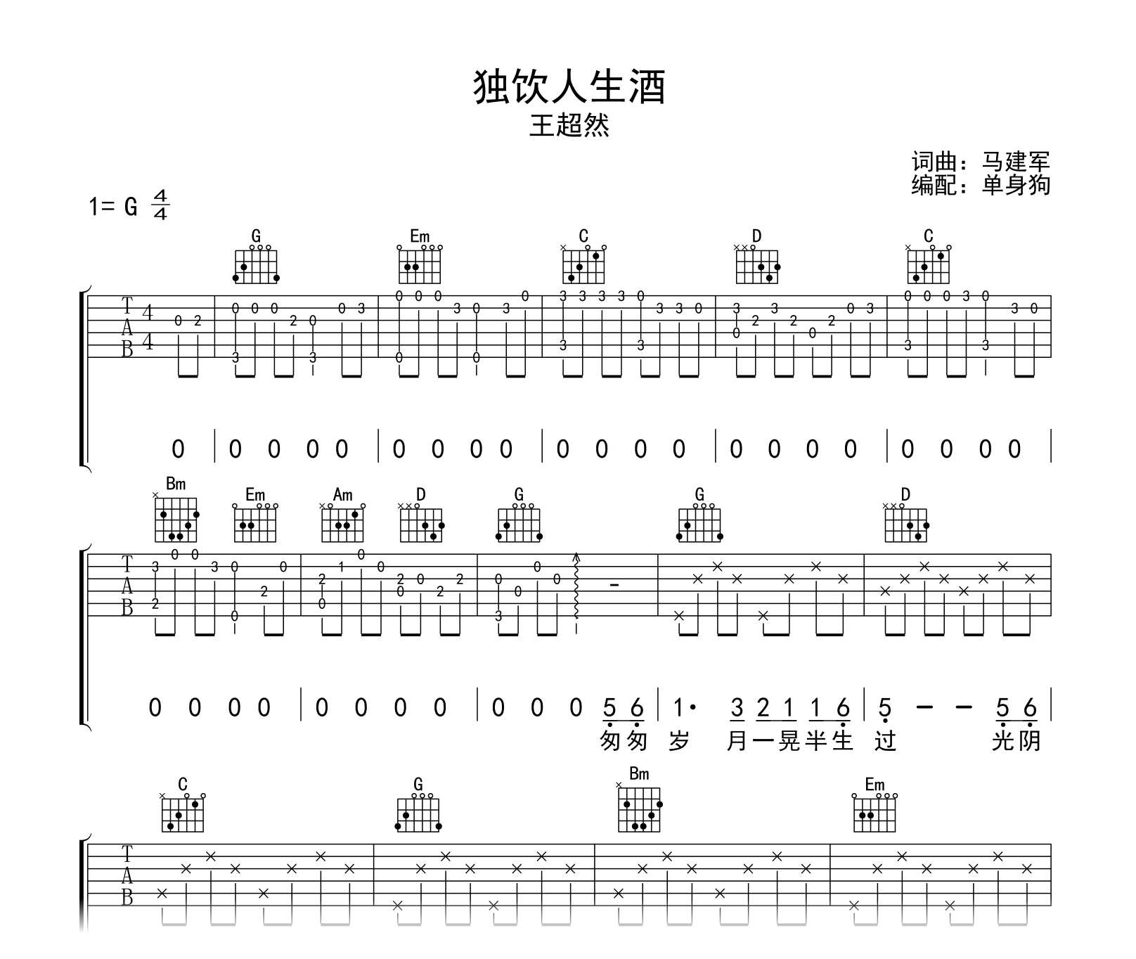 王超然《独饮人生酒》吉他谱-吉他帮