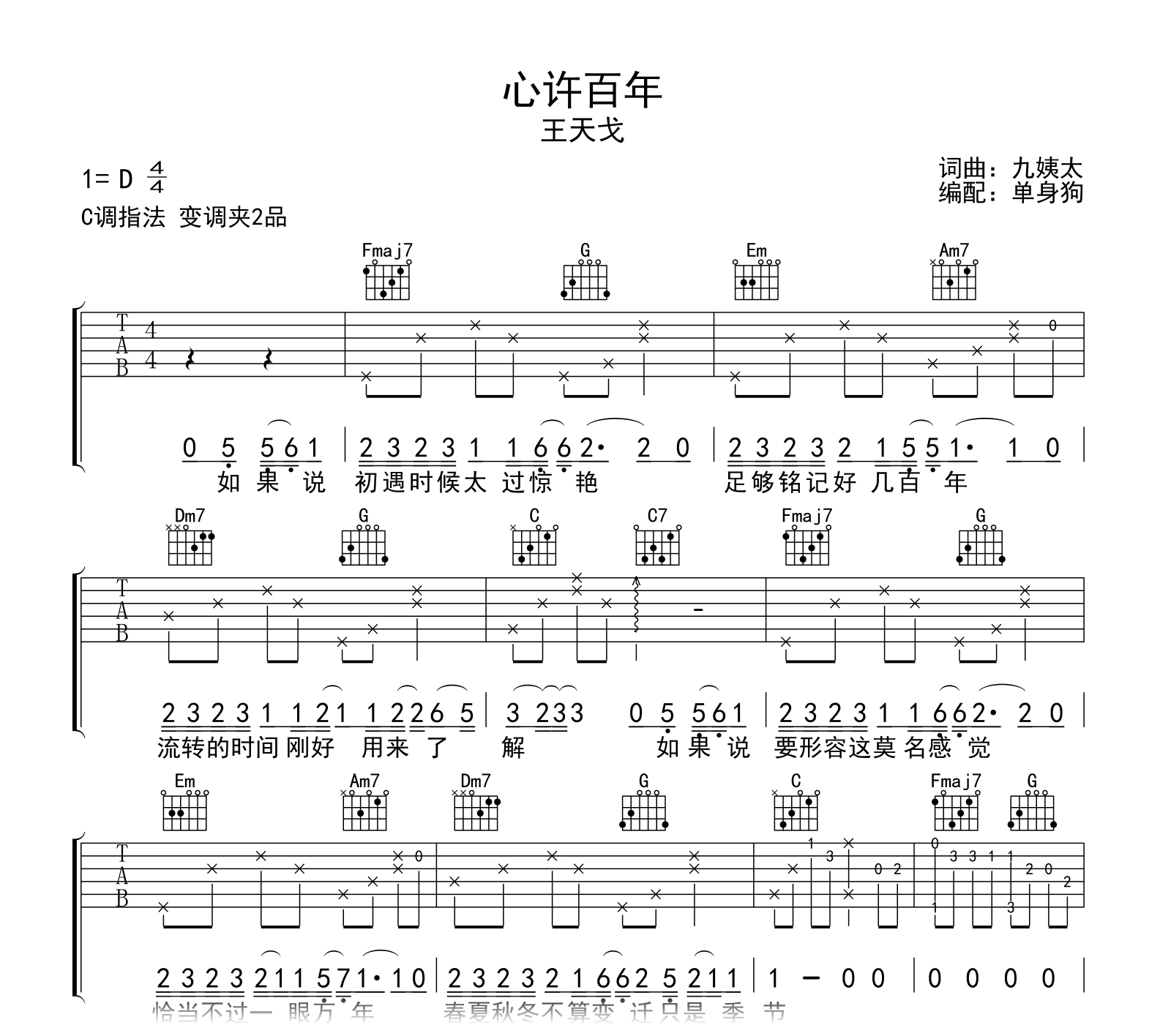 王天戈 《心许百年》吉他谱-C调弹唱谱-吉他帮