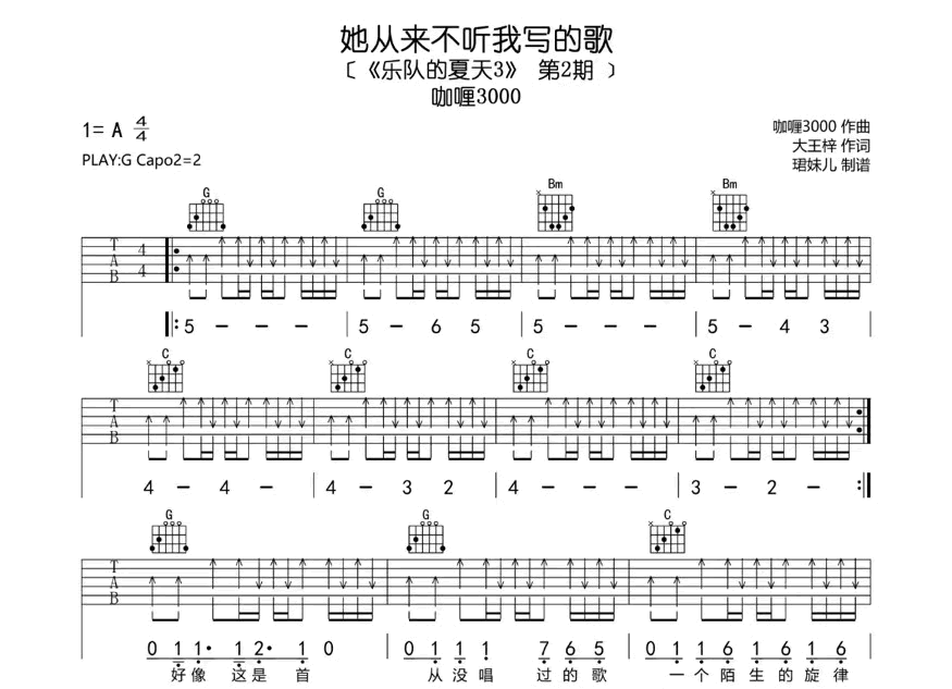 她从来不听我写的歌吉他谱-咖喱3000-乐队的夏天